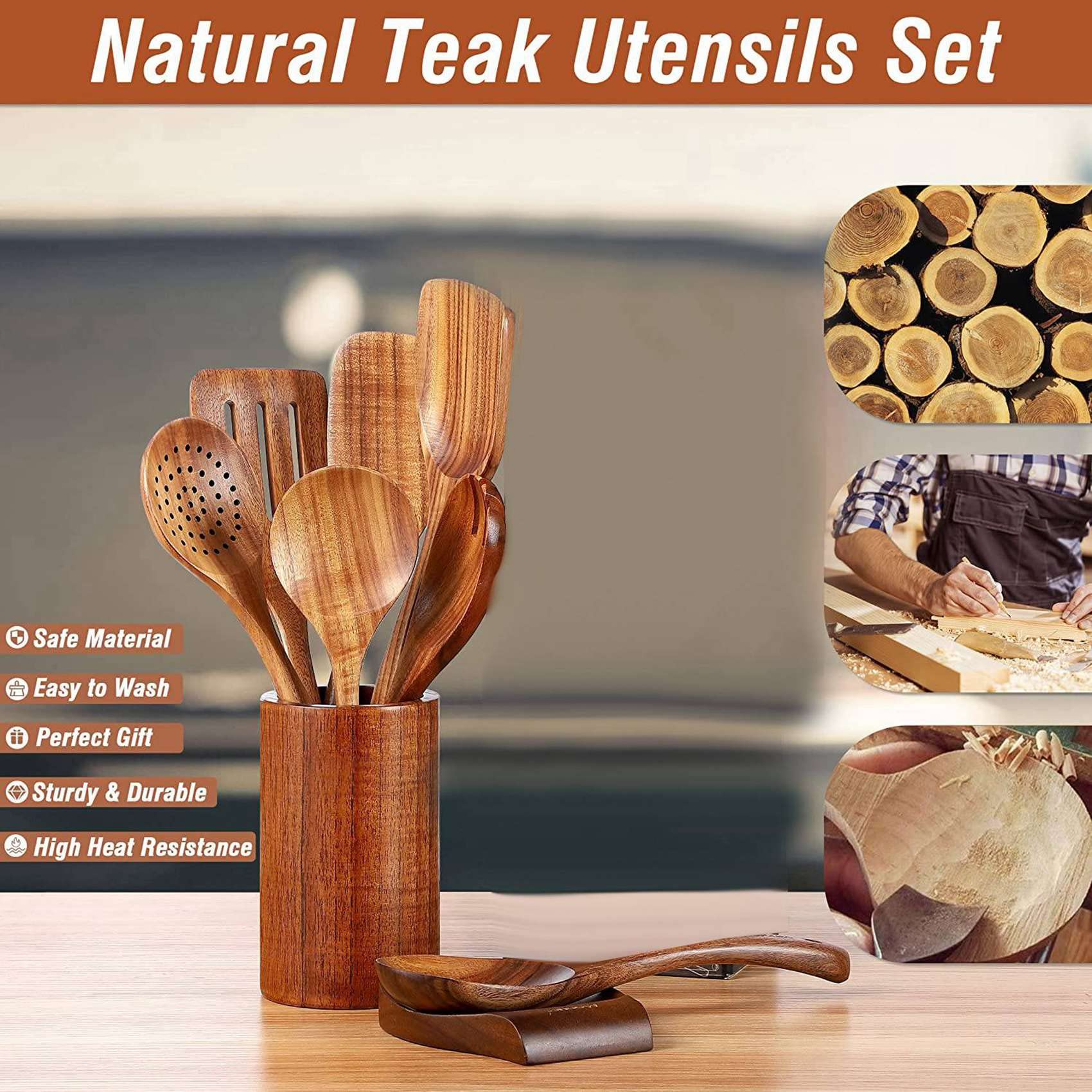 36 Cucharas de Madera para Cocinar, Utensilios de Madera para Cocinar con Soporte para Utensilios, Juego de Utensilios de Cocina de Madera de Teca