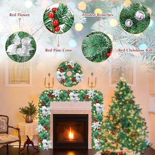 Miniatura 3 de AUOKAI Guirnalda de Navidad, corona de Navidad de 9 pies para decoraciones de Navidad, guirnaldas de Navidad con luces, guirnaldas de corona de