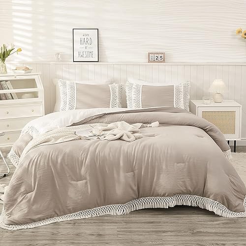 Miniatura 2 de Juego de edredón de tamaño King, estilo bohemio, color marrón topo, para todas las estaciones, súper suave, cómodo, esponjoso, de microfibra, color