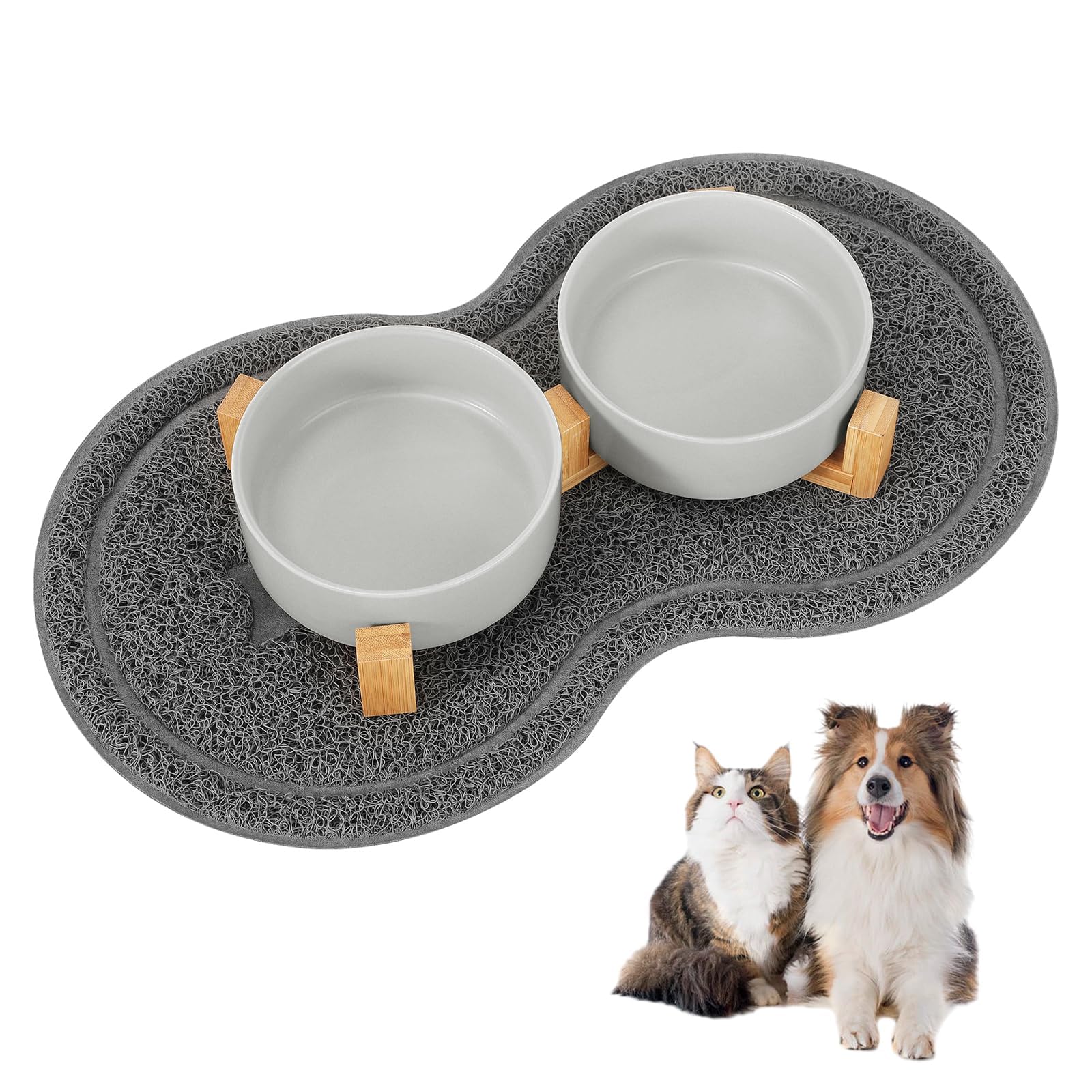 Comedero Perro Elevado, 400ML 2 Piezas Comedero Perro Gato Cerámica con Base de Bambú y Almohadilla Antideslizante para Perros Mediano y Pequeños (Gris)