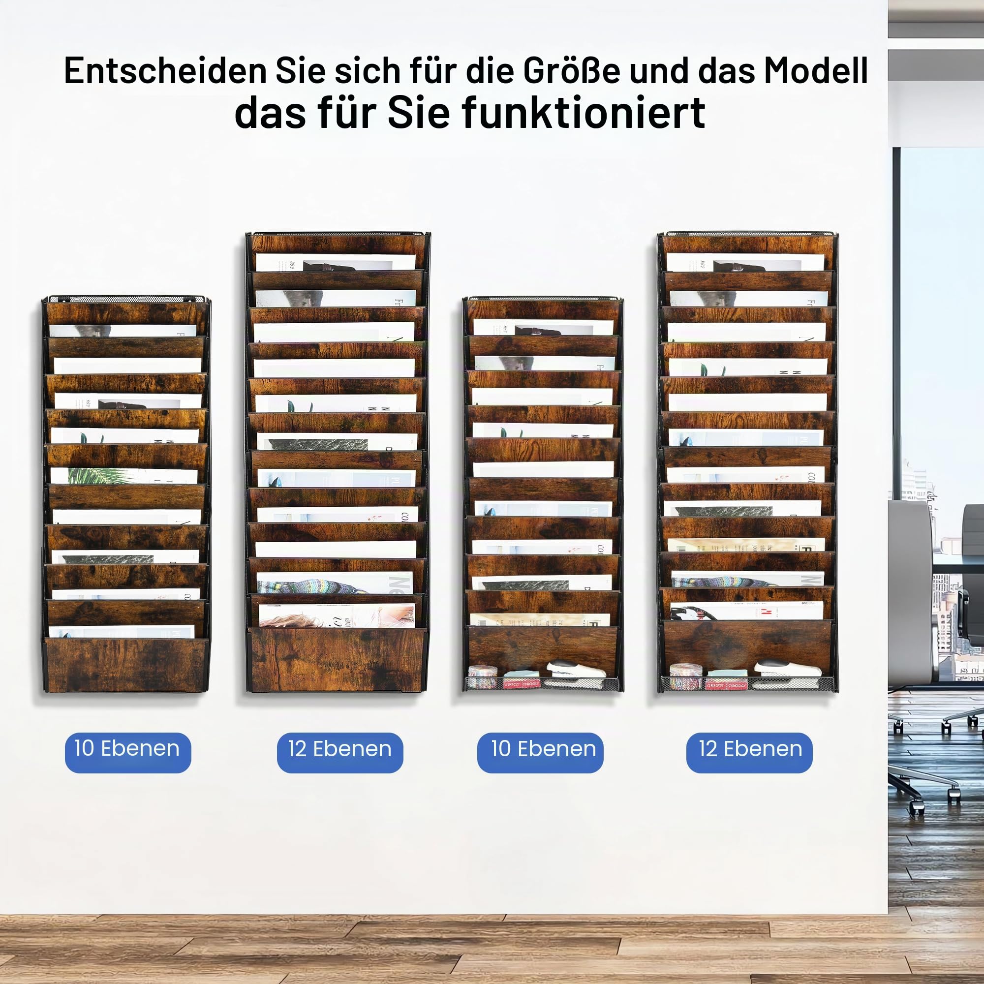 Zeitungshalter Wand aus Holz mit 10 Fächern Metall Zeitungsständer Hängeregister Wandablagefächer A4 Papier Dokumentenablage Büro Schule Ablage Organizer, Schwarz/Antik