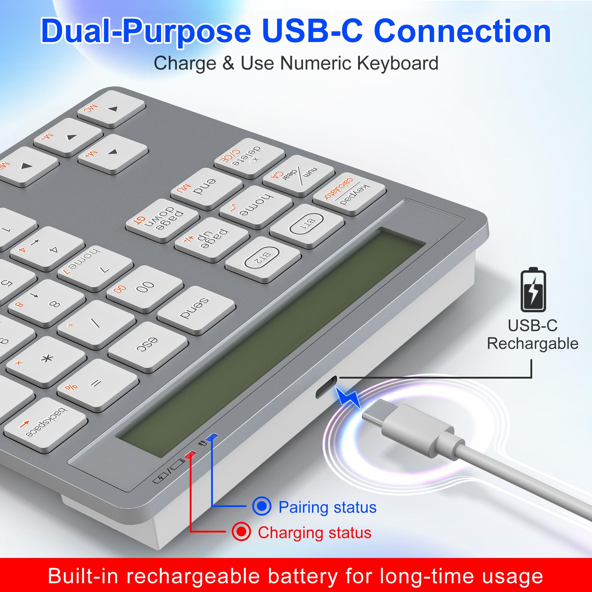 Rytaki Pro ​​Tastierino Numerico Wireless con Calcolatrice - 34 Tasti Tastierino Numerico Bluetooth per mac/PC/Laptop/MacBook/Windows/iOS e Android​（Ricarica USB-C）