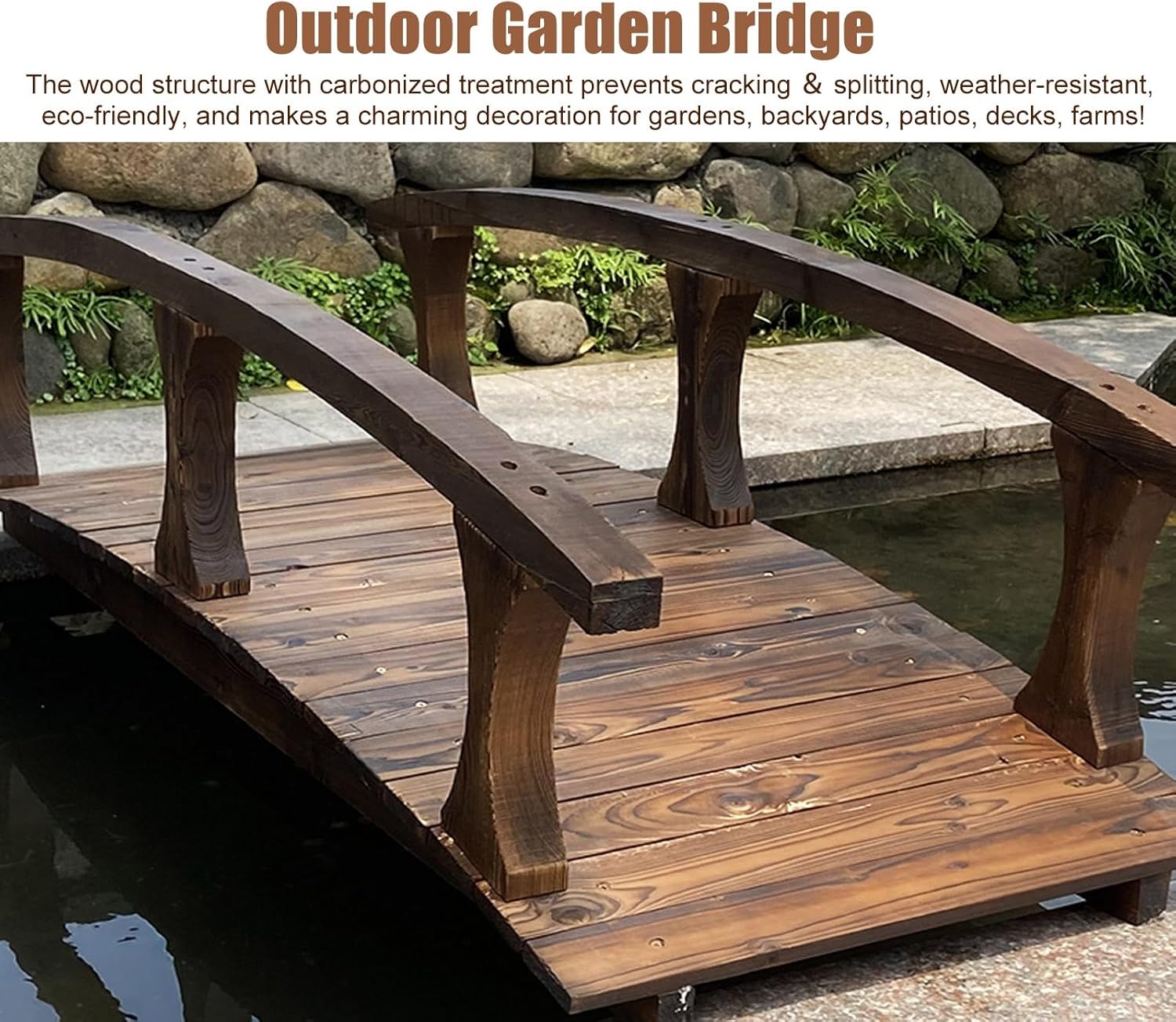 CMYUN 4.6ft Carbonized Small Garden Bridges, Solid Wood Garden Decor Arch Pond Bridge with Safety Rails, Rustic Footbridge for Farm Creek Yard
