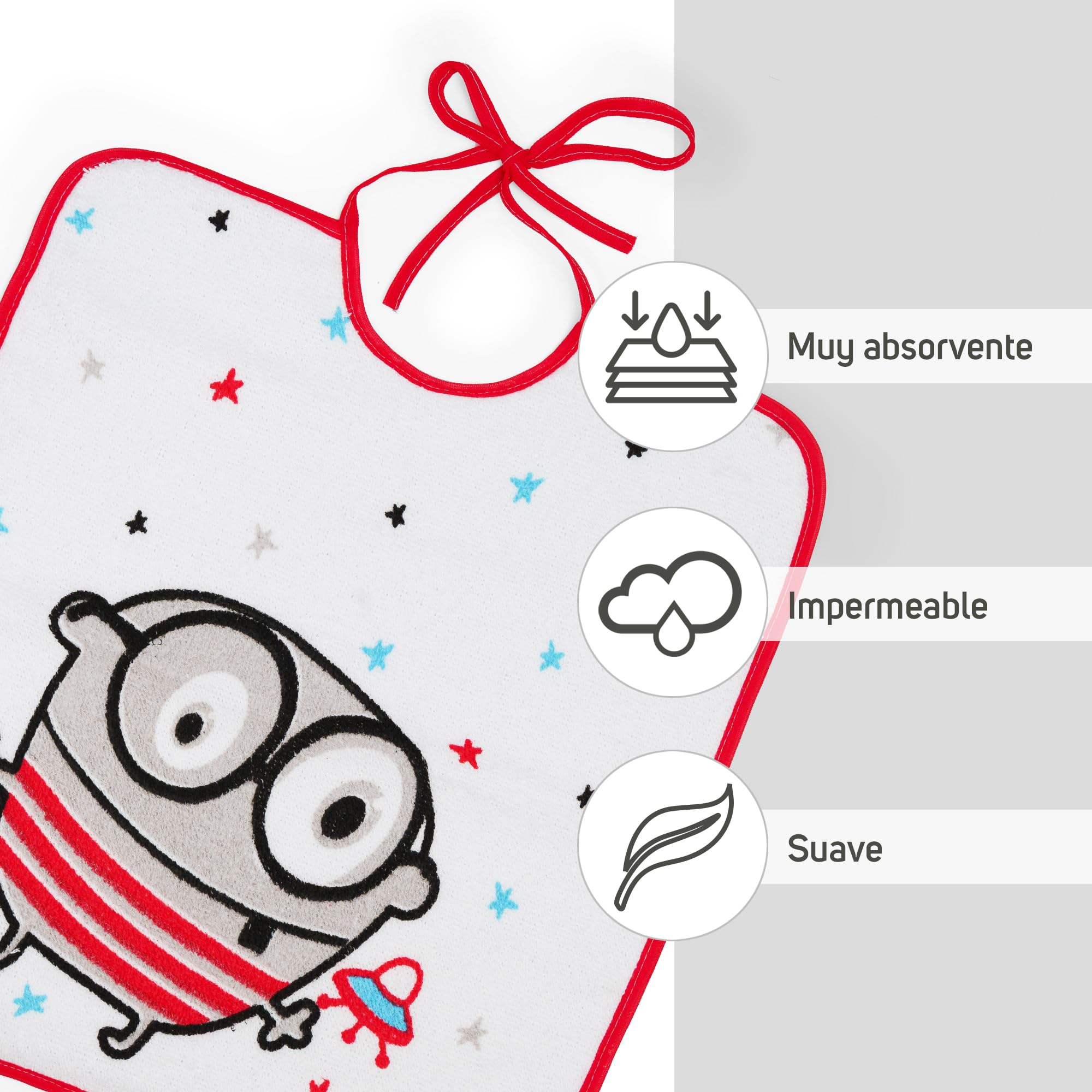 Ti TIN Pack 4 Baberos Bebé Impermeables 36x33 cm, +12 Meses | Rizo de Algodón Suave, Absorvente, Forro de Vinilo, Cierre con Cintas, Lavadora y Secadora, Ideal Guardería