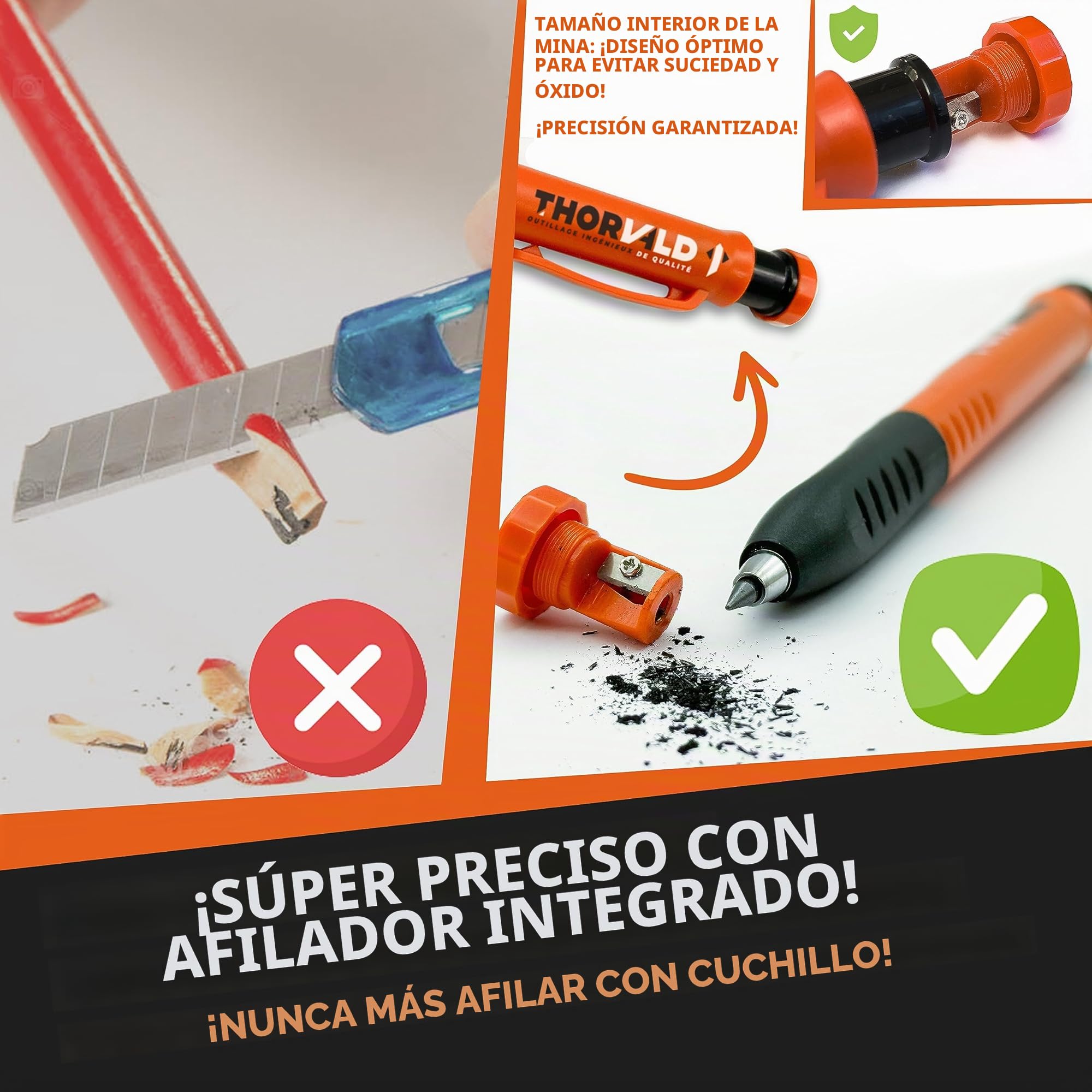 THORVALD 2 PRO Lápiz de construcción extensible [+ 38 MINE de soporte múltiple + Tamaño de mina + Agarre fácil de escribir] Portaminas para carpintero DIY Dibujo Trazado Madera aceitosa Metal Concret