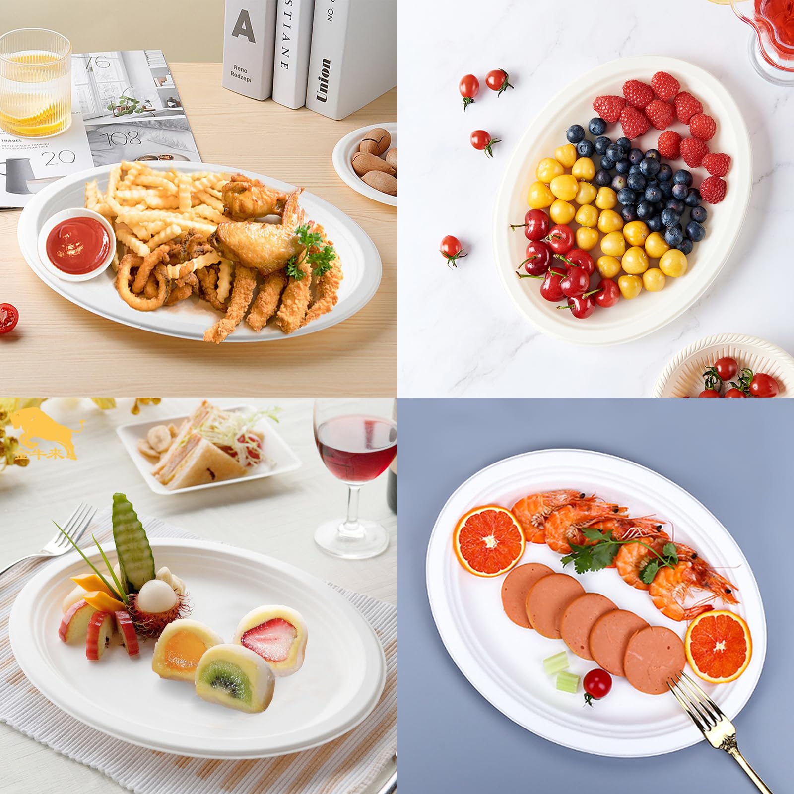 Elsjoy Kompostierbare ovale Pappteller, groß, Einwegteller, robuste Pappteller für Restaurants, Grillen, Partys, mikrowellengeeignet, 32,5 cm, 90 Stück