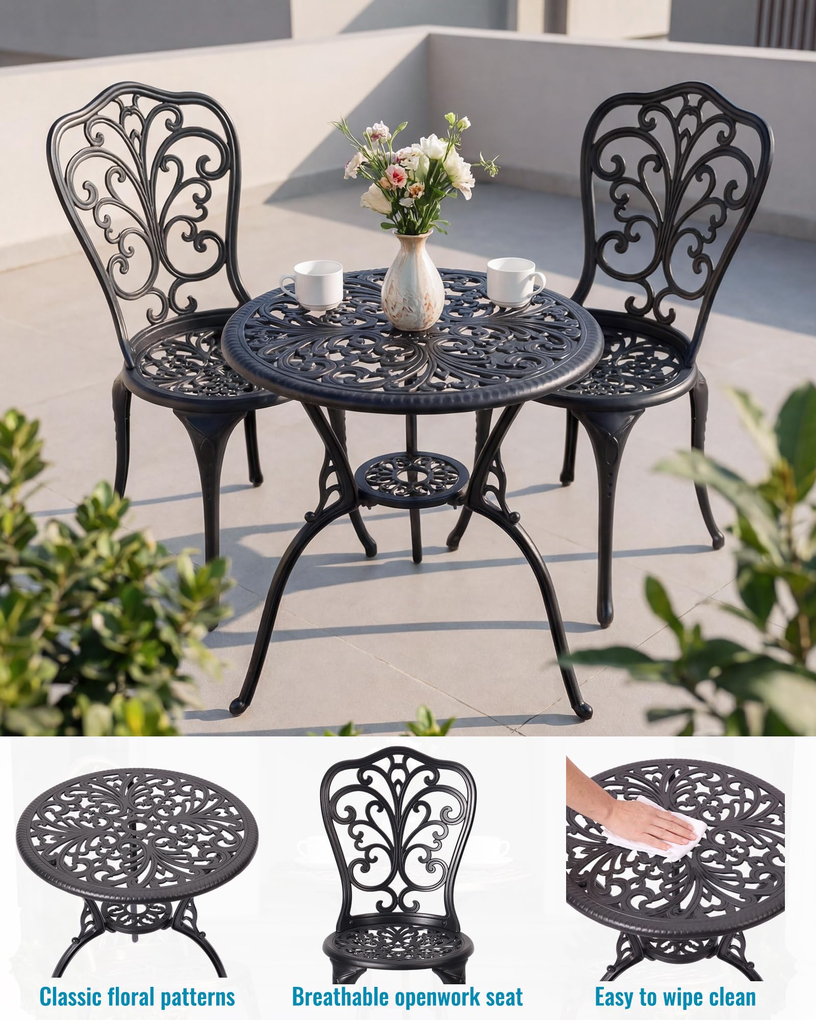 Set Tavolo e Sedie da Giardino 3 Pezzi in Alluminio Pressofuso, Set Bistrò da Esterno Antiruggine per Balcone, Veranda e Patio, Design Vintage con Motivo a Vite, Nero