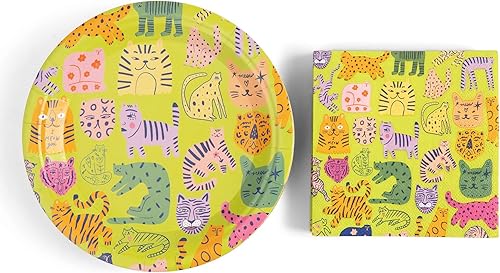 Juego de 48 platos de papel y servilleta de alta calidad para fiesta, tema de gato/gatito, vajilla desechable pesada para cumpleaños de niñas/niños,