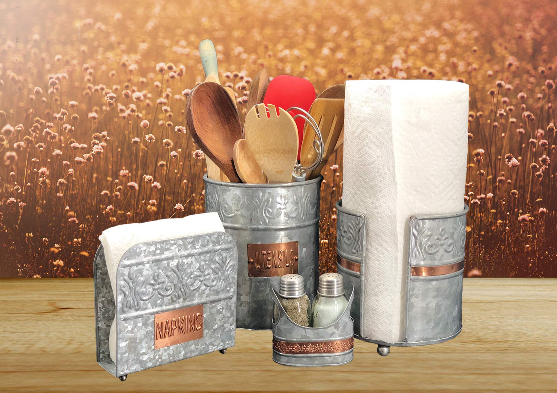 Autumn Alley Servilletero galvanizado | Bonito grabado y etiqueta de cobre para añadir calidez a la granja