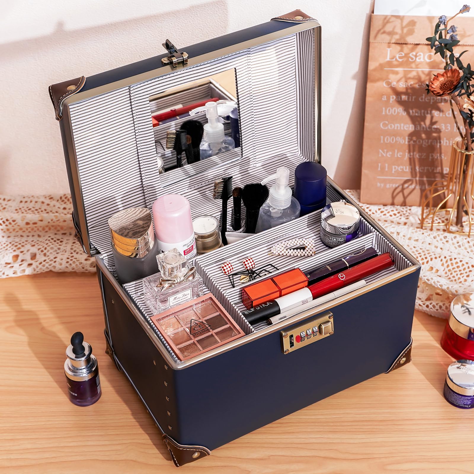 urecity Vintage Leder Kosmetikkoffer mit Spiegel - Hartschale Schminkkoffer für Damen, Reise Make-up Case mit Zahlenschloss & Großer Stauraum (Retro Design) (Blau, Medium)