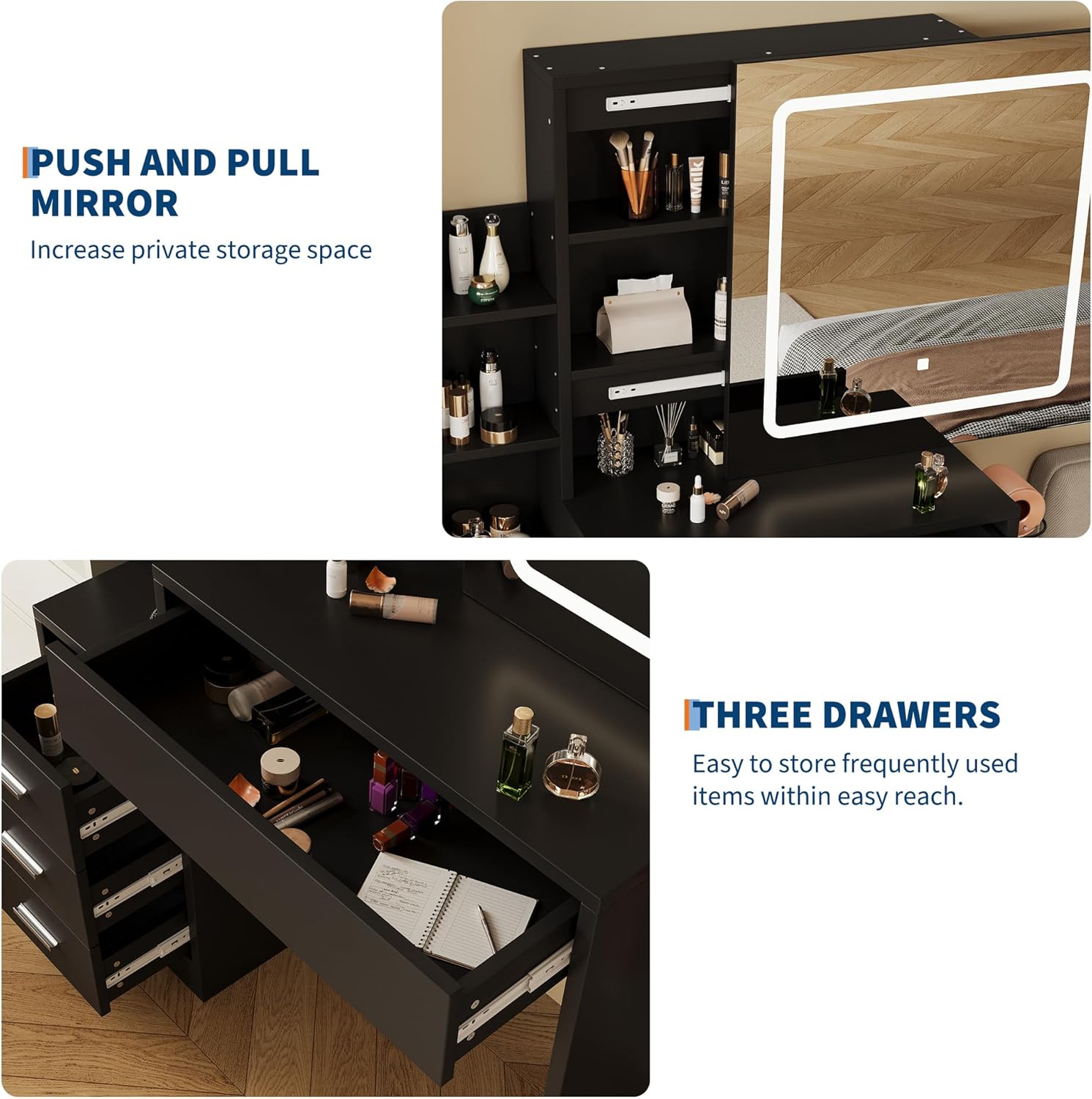 LED Lighted Vanity with Stool, 4 Drawers Makeup Vanity Table with Sliding Mirror & Open Shelves, Modern Dressing Vanity Set for Bedroom Bathroom, Black