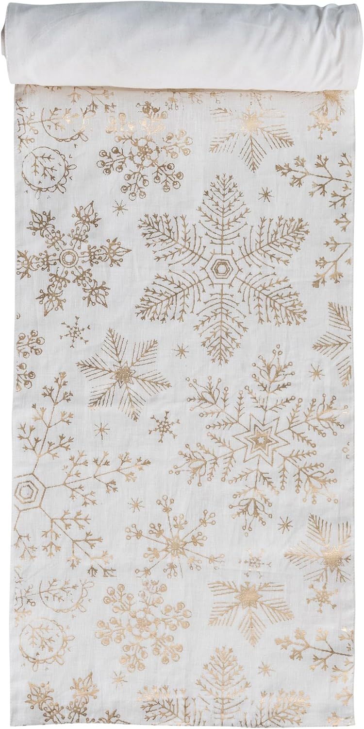 Creative Co-Op Linen and Cotton Printed Table Runner with Gold Foil Snowflake Pattern, White