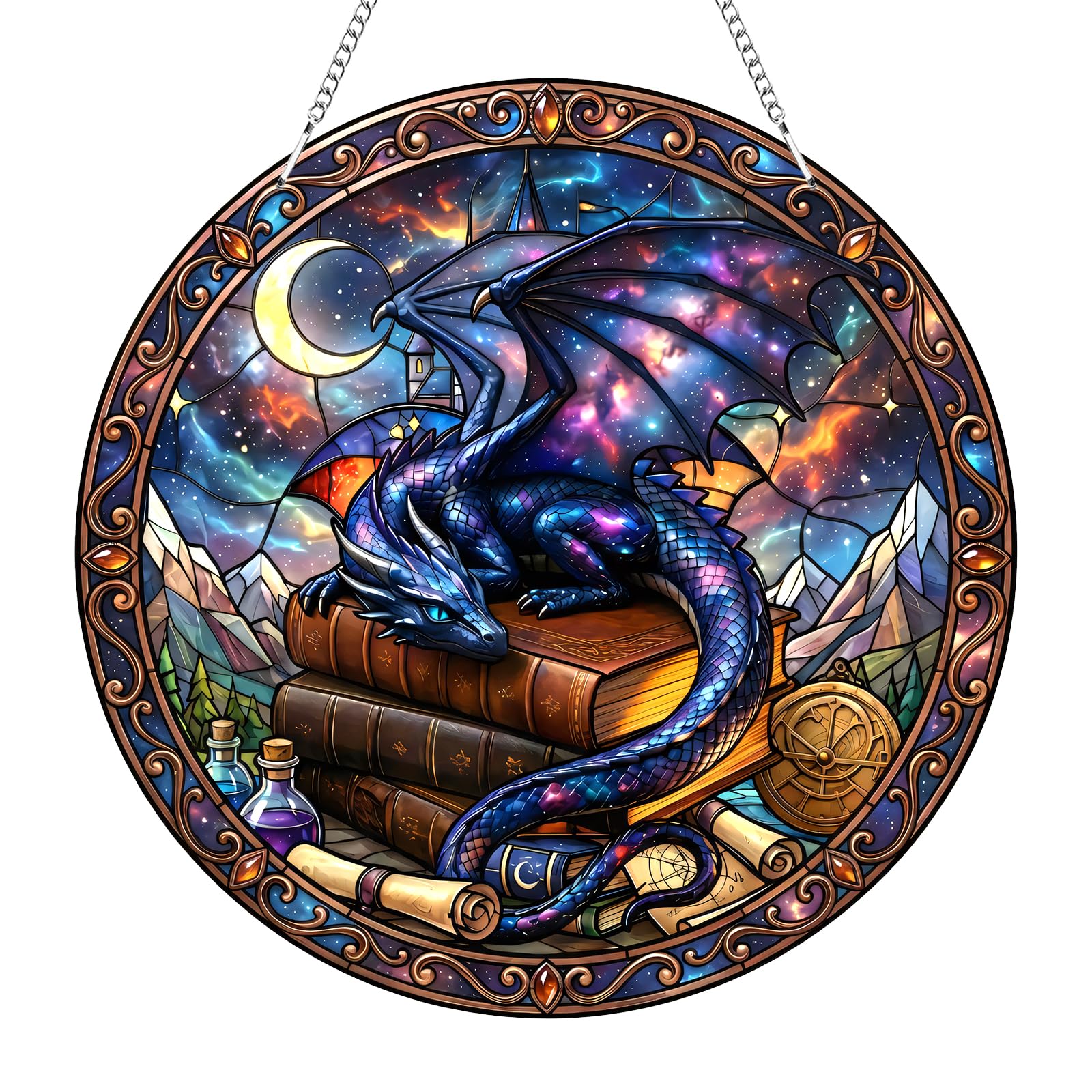 Book Dragon Sun Catchers for Windows, Fourth Merch Wing Suncatchers for Windows, 2D Flat Hanging Garden Ornament Suncatchers, Stained Glass Window Hanging, Suncatcher Gift for Book Lovers