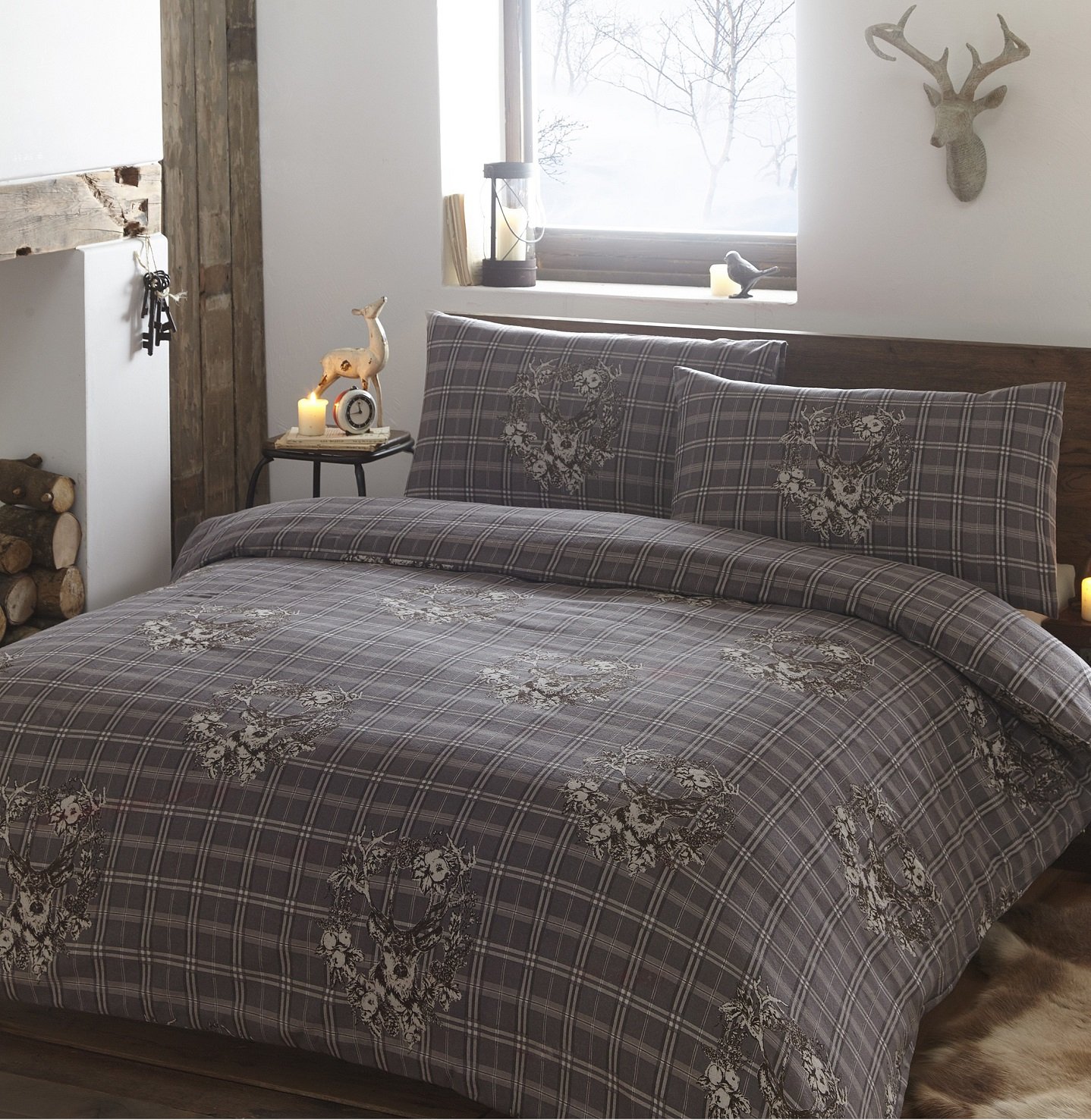 Garland Stag Flannelette King Size Duvet Quilt Cover & 2 Pillowcase Bedding Bed Set Grey Tartan