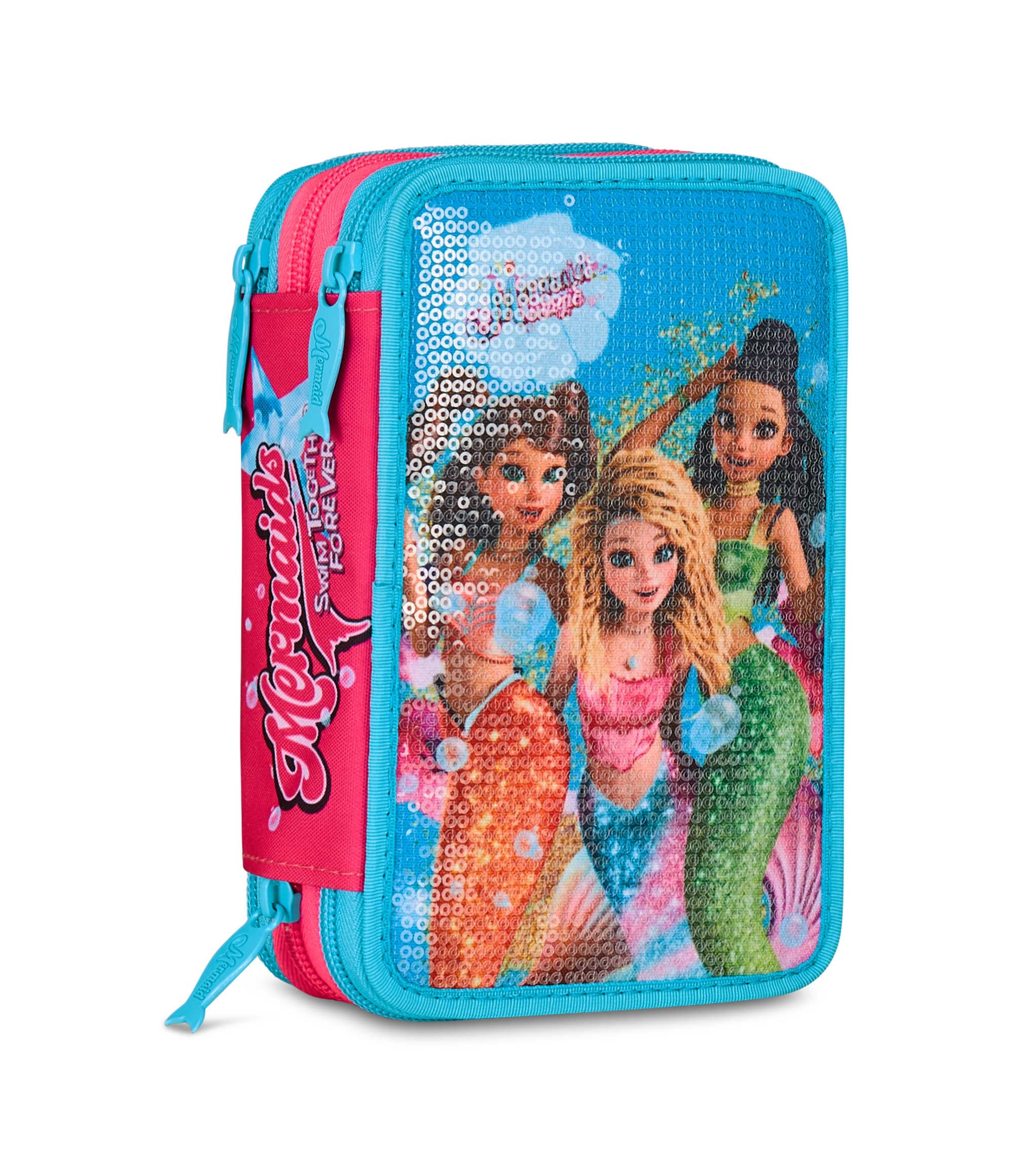 Seven Mermaid Magic 3 Zip Pencil Case, Light Blue, Triple Compartment Pen Holder Complete with Pens, Pencils, Colours, Elementary School, Girls, Sky Blue, Modern