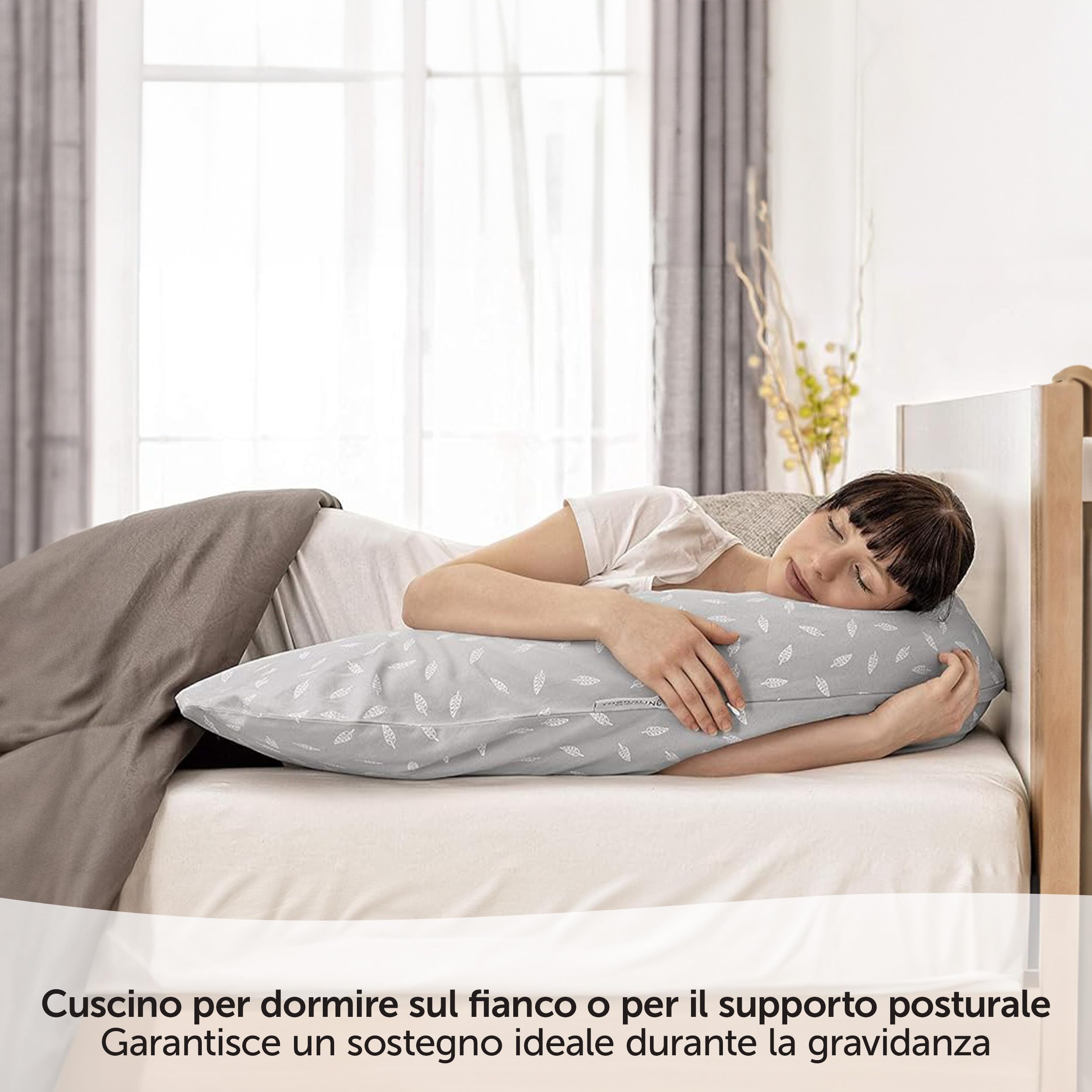 Theraline Cuscino Allattamento e Gravidanza 190 cm - Imbottitura Microperle EPS, Federa Cotone 100% | Lavabile, senza Sostanze Nocive - Bianco Grigio