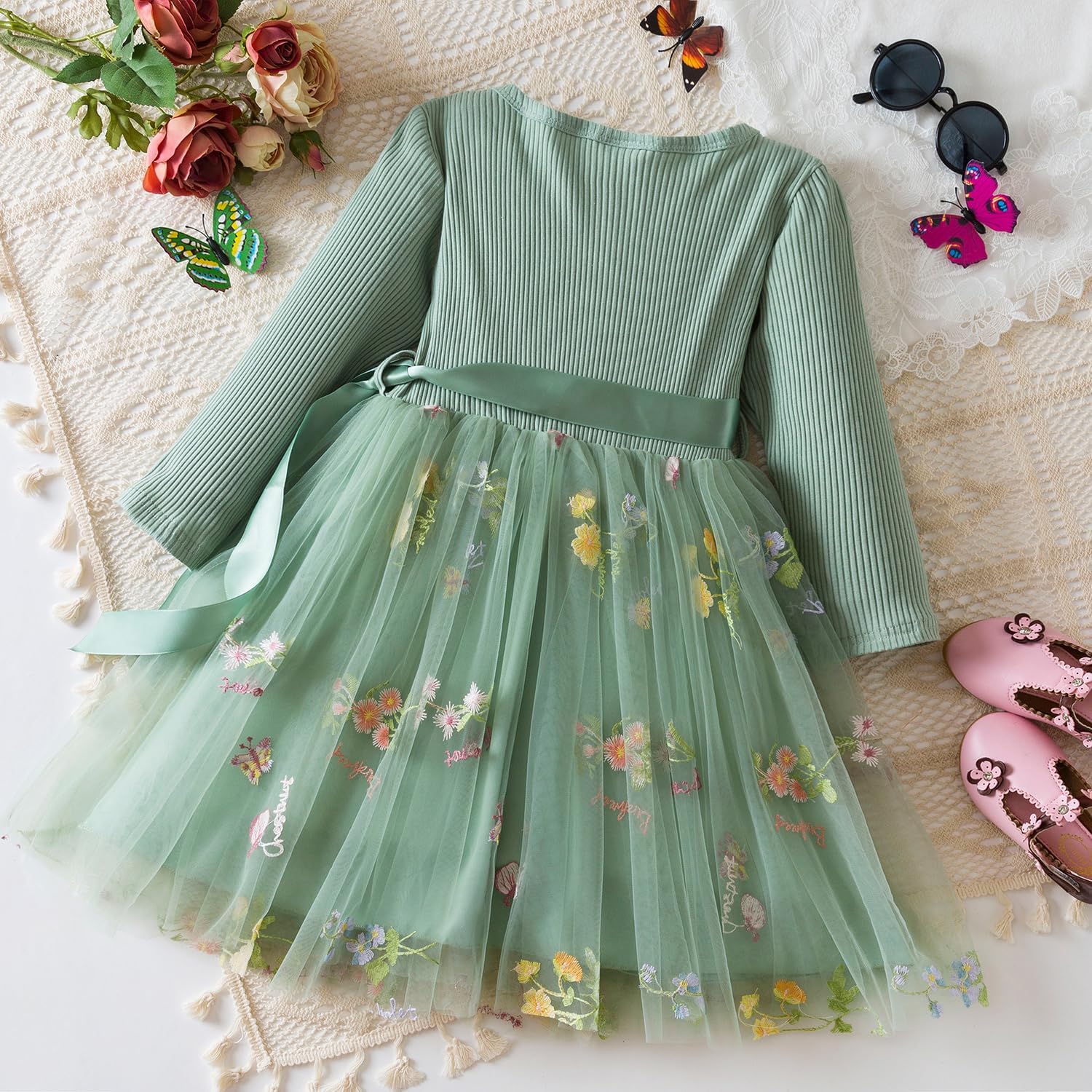 NNJXD Baby Girl Flower Embroidery Tulle Long Sleeve Dress Elegant Toddler Birthday Party Dresses - Image 2
