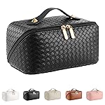 Large Capacity Travel Cosmetic Bag - PU Leather Makeup Organizer Bag Portable Woven Makeup Bags for Women Waterproof Travel Toiletry Bag with Divider Pouch, Black