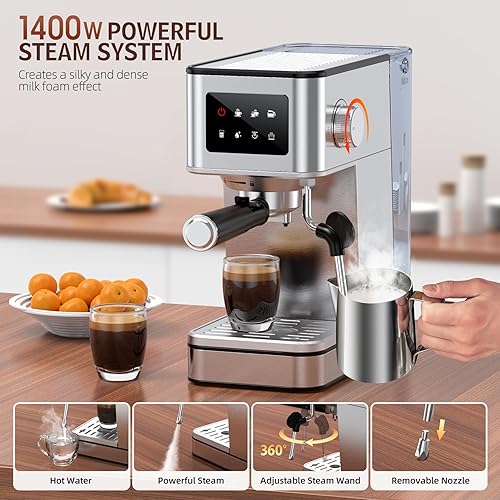 Miniatura 3 de Máquina de café expreso con espumador de leche, cafetera compacta de 20 bares con pantalla táctil y tanque de agua extraíble de 57.5 onzas para el