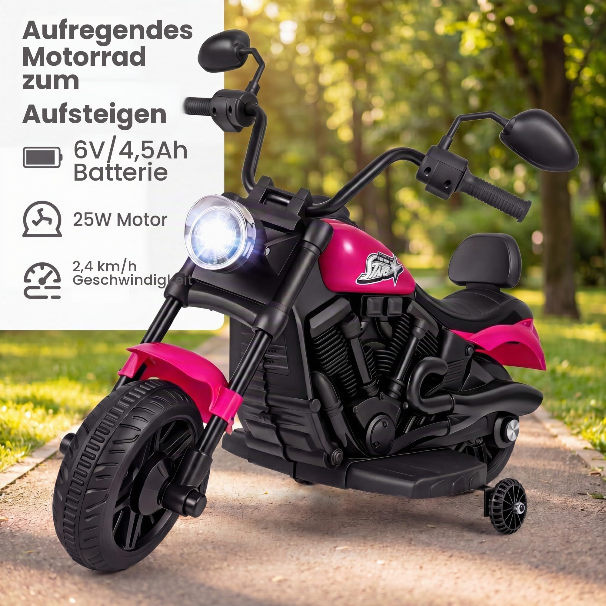 KOMFOTTEU 6V Kindermotorrad, Elektromotorrad mit Musik & LED-Scheinwerfer, 2,4 km/h, Elektro Motorrad mit 2 Stützrädern, bis zu 30 kg belastbar, für Kinder ab 3 Jahren (Rosa)