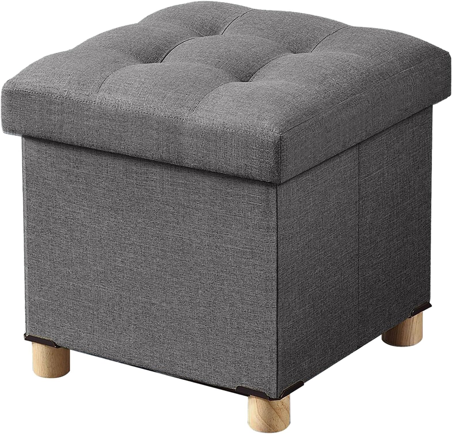 BRIAN & DANY Folding Storage Ottoman with Wood Legs, Linen Foot Stool, Storage Chest with Highly Elastic Sponge Filling, Gray, 38 x 38 x 38 cm