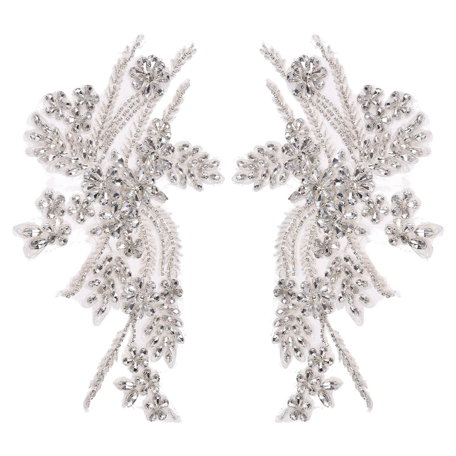 sourcing map 2Pack Rhinestone Applique Patches, 26.5x18 cm White Lace Embroidery Patches Sew on Rhinestone Beaded Sequins for Sewing Making Dresses Wedding Banquet Evening Gown Decoration