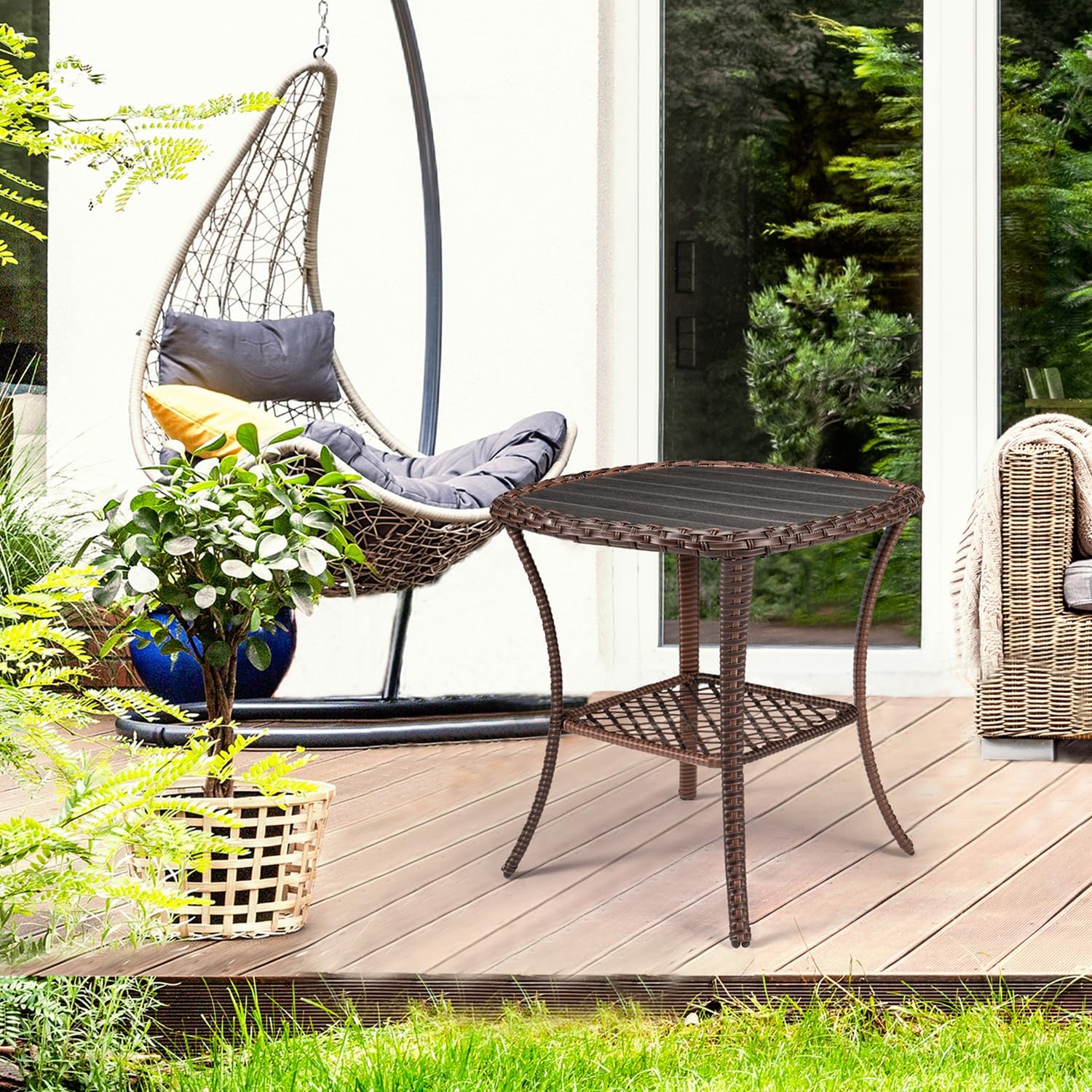 Outdoor Side Table Patio Wicker Coffee Table Outdoor End Table Rattan Bistro Table with Storage & Poly Lumber Table Top Square for Outside Balcony Porch Backyard Deck Brown
