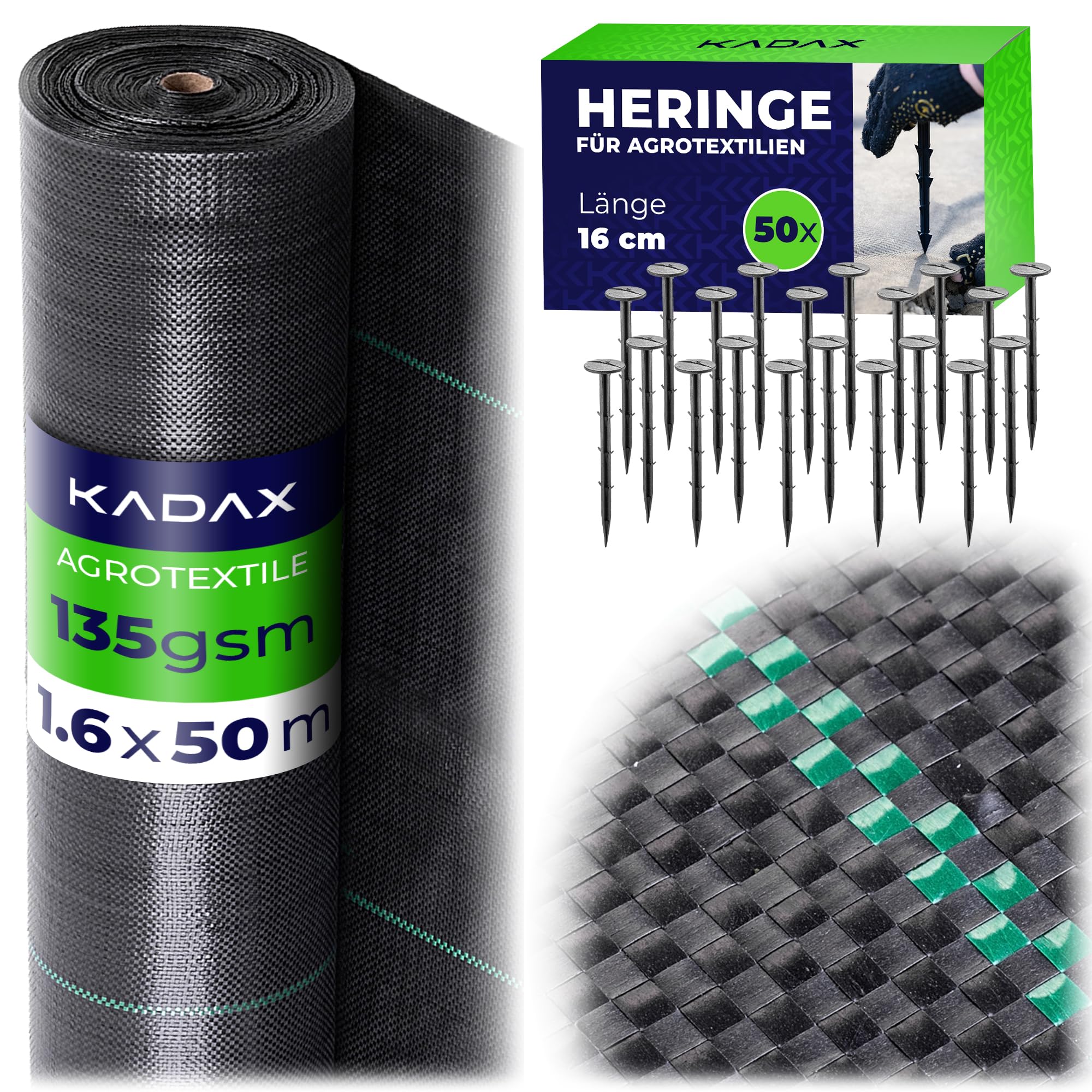KADAX Unkrautvlies 1.6 x 50 m, 135g/m², Gartenfolie aus Polypropylen, Gartenvlies gegen Unkraut, Unkrautgewebe Wasserdurchlässig, Pflanzenvlies (Schwarz)