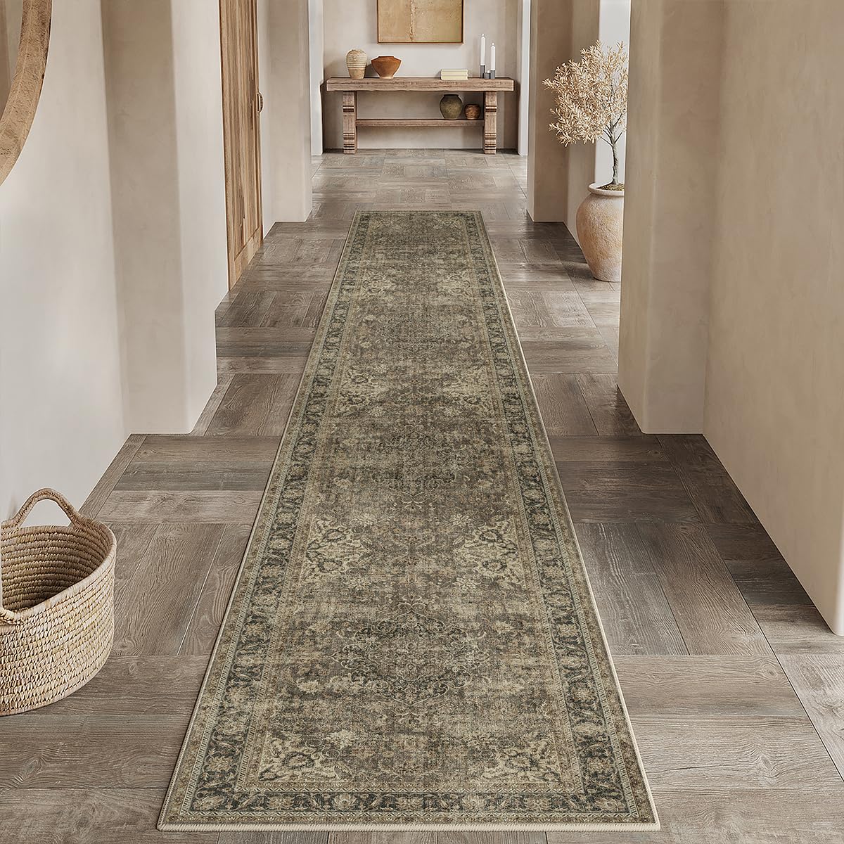 WondRg 2x10 Washable Brown Runner Rug Vintage Hallway Kitchen Carpet Non-Slip Soft Low Pile Distressed Throw Rug for Bedroom Bathroom Laundry Living Room