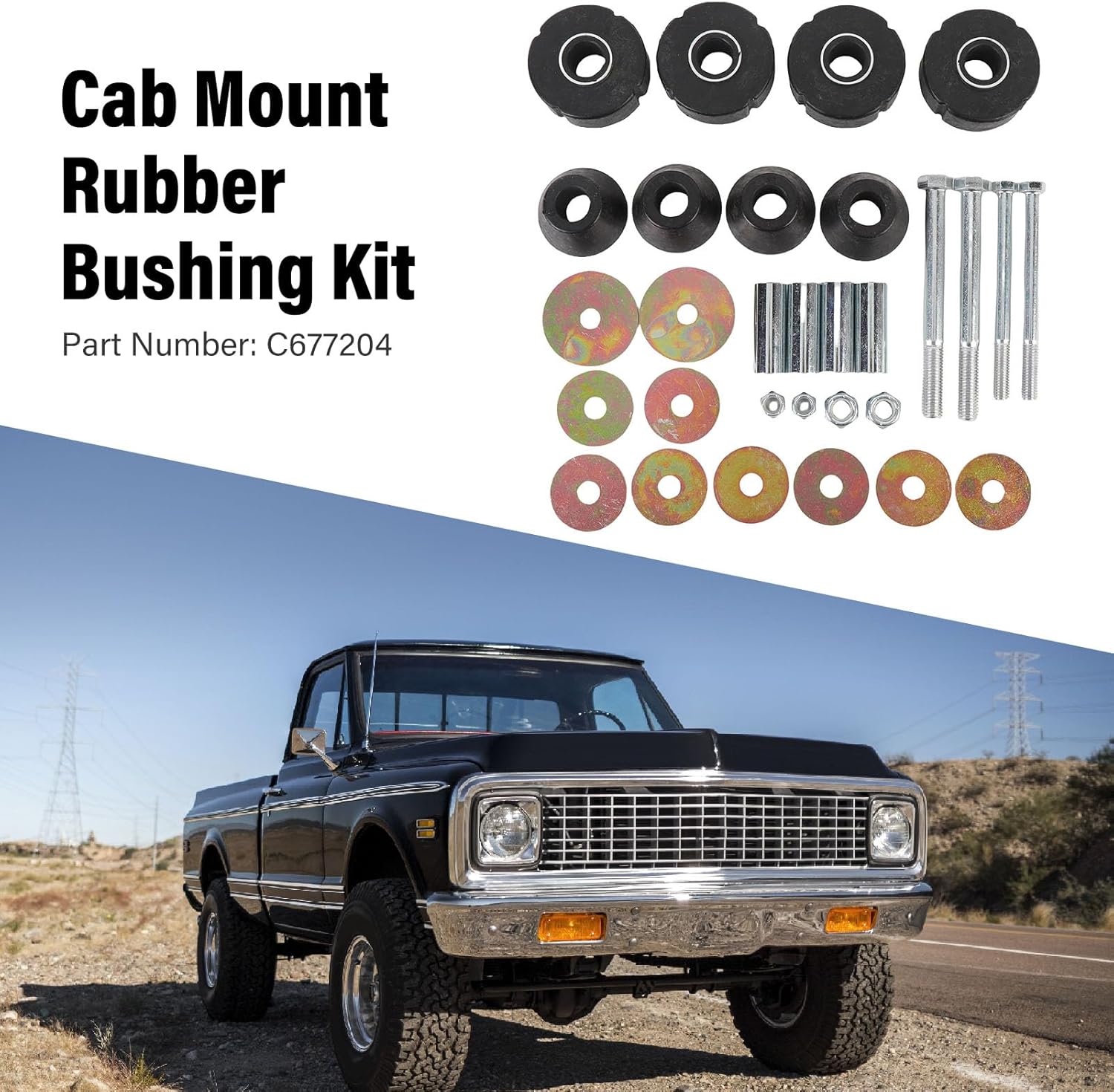 Cab Mount Rubber Bushing Kit C677204 Improved Maneuverability Enhanced Traction Cab Mount Bushing Hardware Kit for 1/2 Ton Trucks