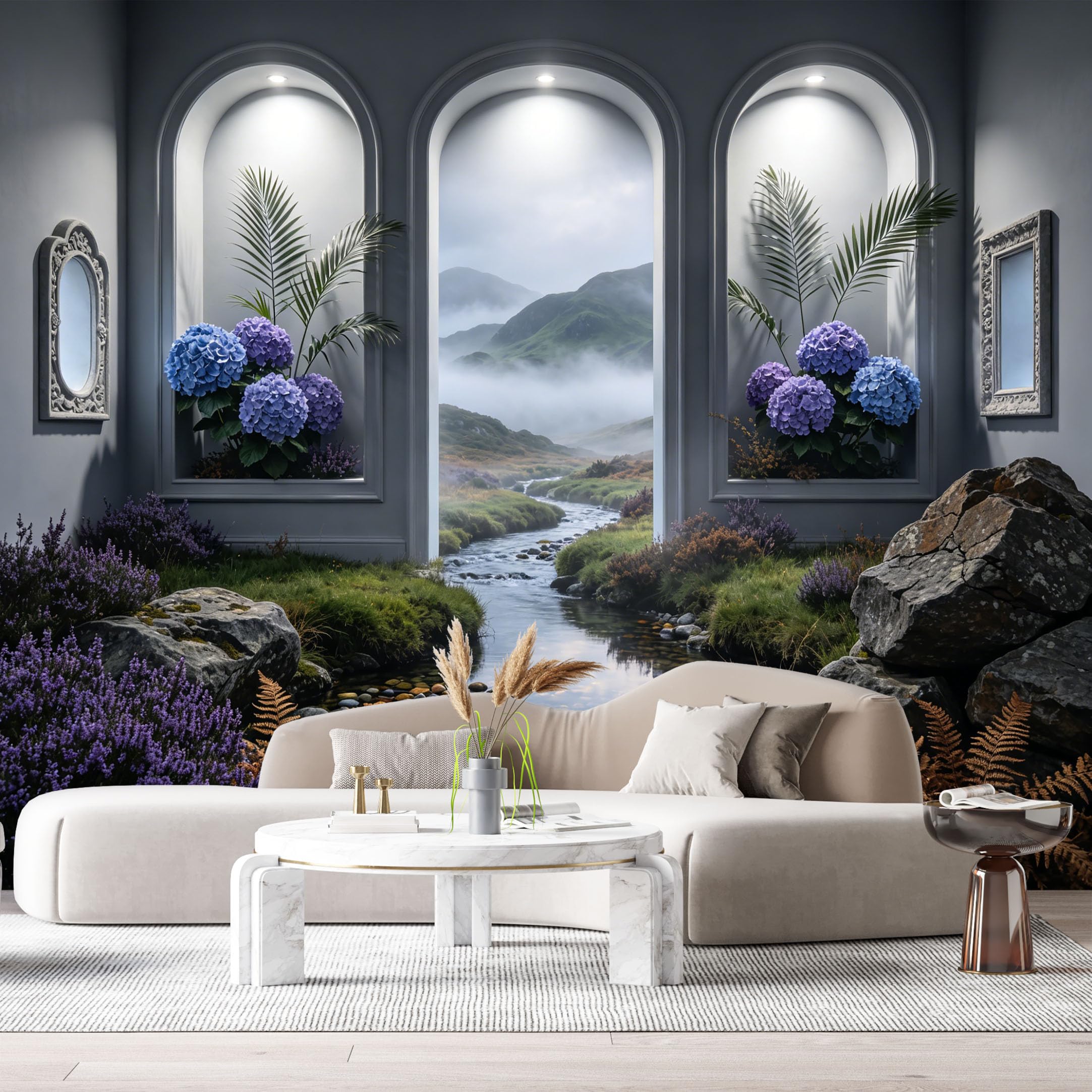 Custom Size Wall Murals 3D Trompe L'Oeil Mountain Lake Botanical Hydrangea Stream SelfAdhesive Wall Fabric Removable Large Wallpaper for Photo Living Room