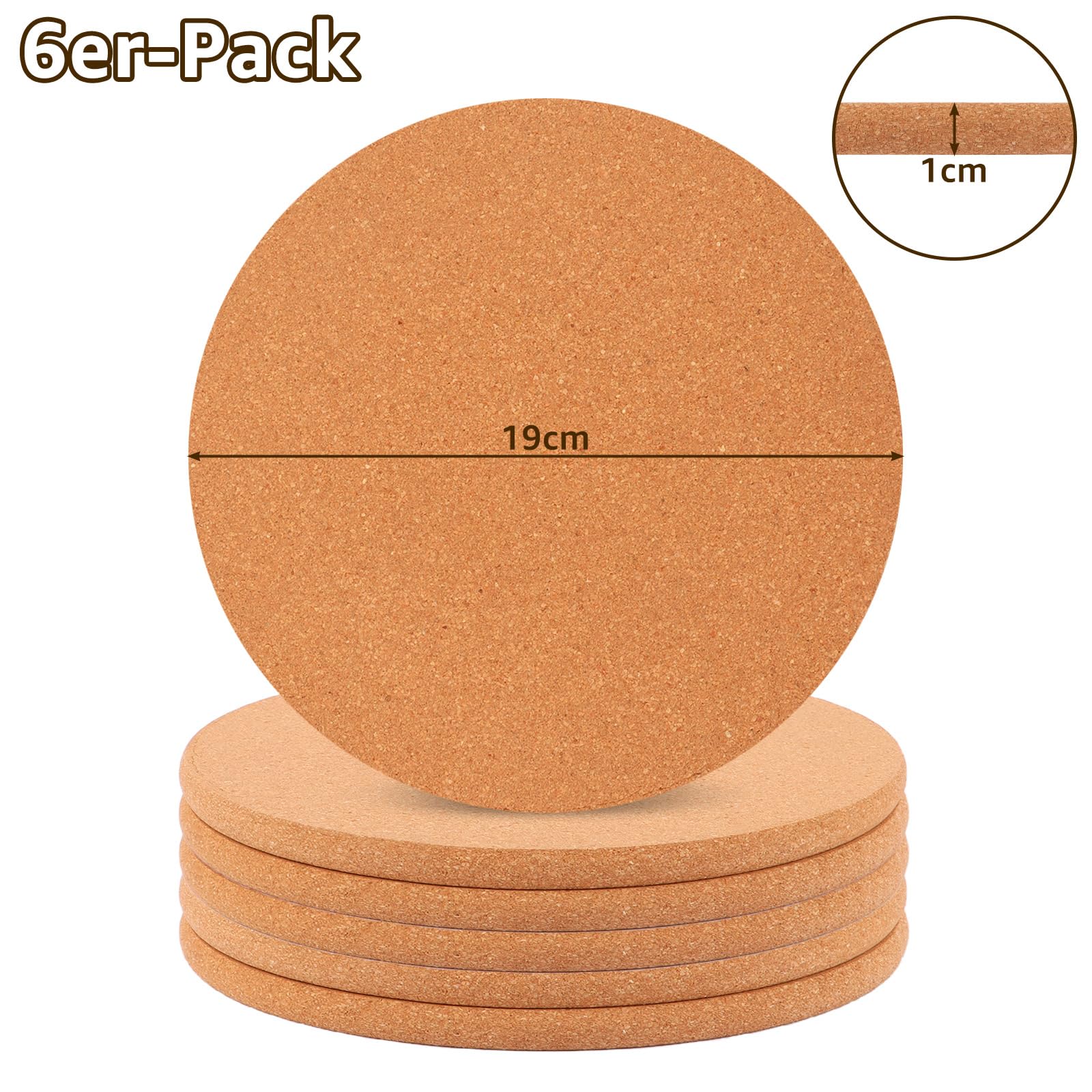Lot de 6 Dessous de Plat en Liège Rond 19cm, Épaisseur 10mm, sous Plat en Liège Naturel pour Plats Chauds et Casseroles, Protection de Table Durable et Isolante