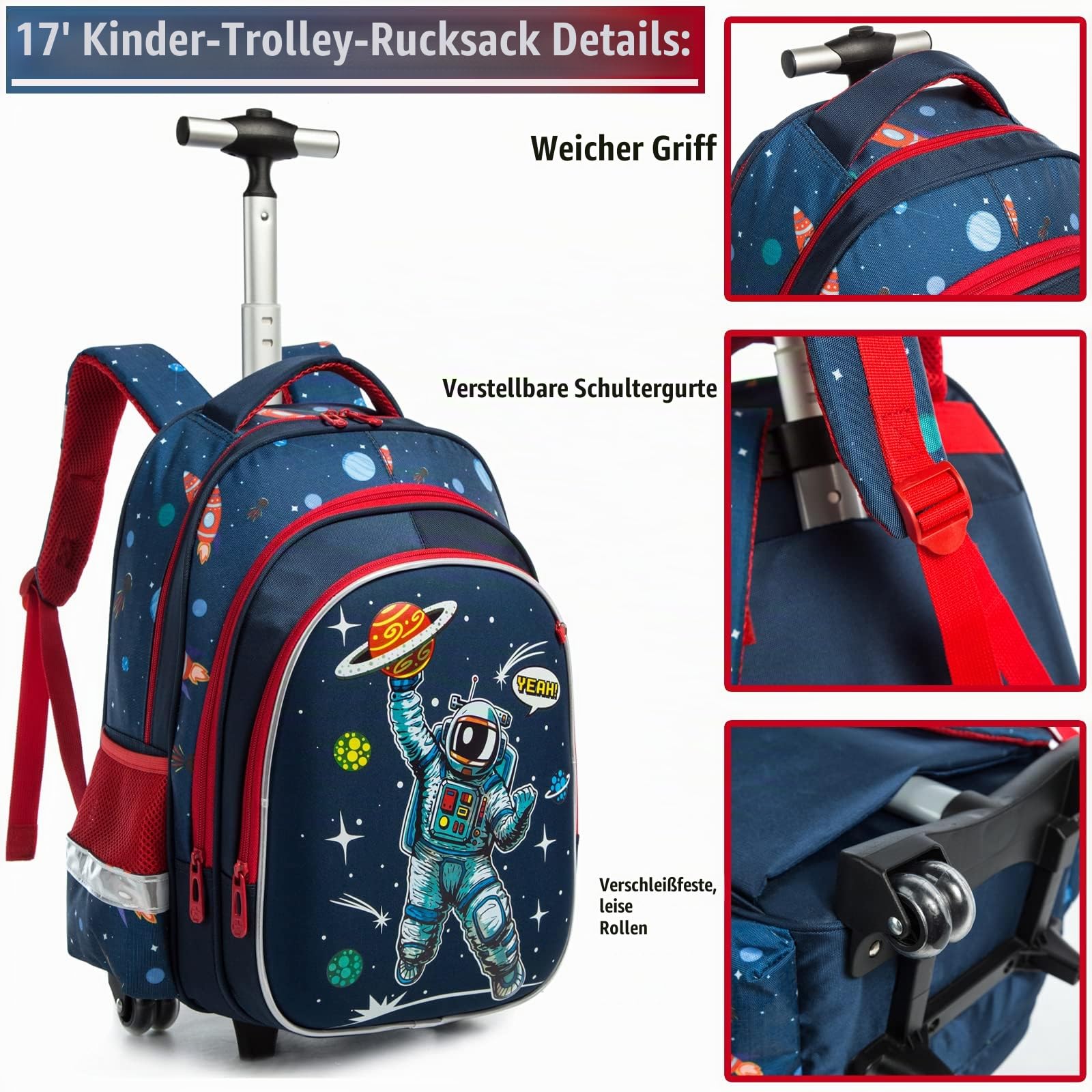 16" Schulranzen Kinder Rollrucksack für Mädchen 3PCS Rollen Reiserucksäcke