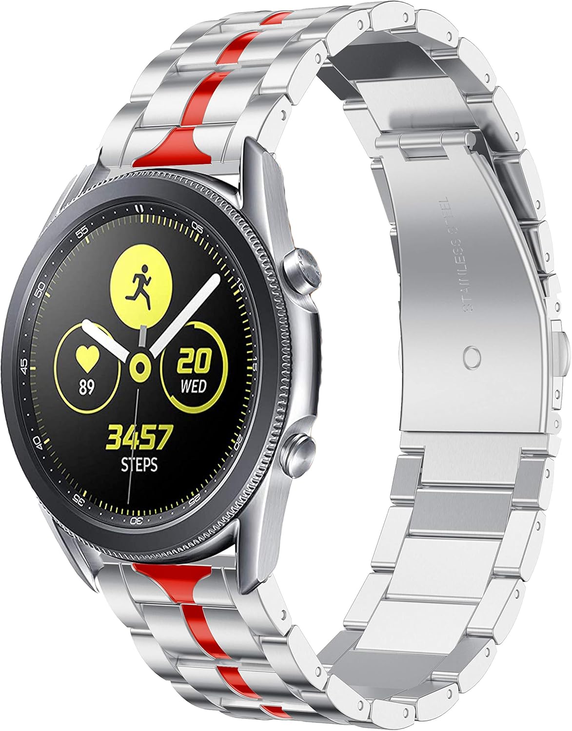 Watch Bands for Galaxy Watch 3 41mm, 20mm Quick Release Stainless Steel Band for Galaxy Watch 42mm/Galaxy Watch Active 2 40mm/44mm, Gear Sport/Gear S2 Classic-Silver&Red