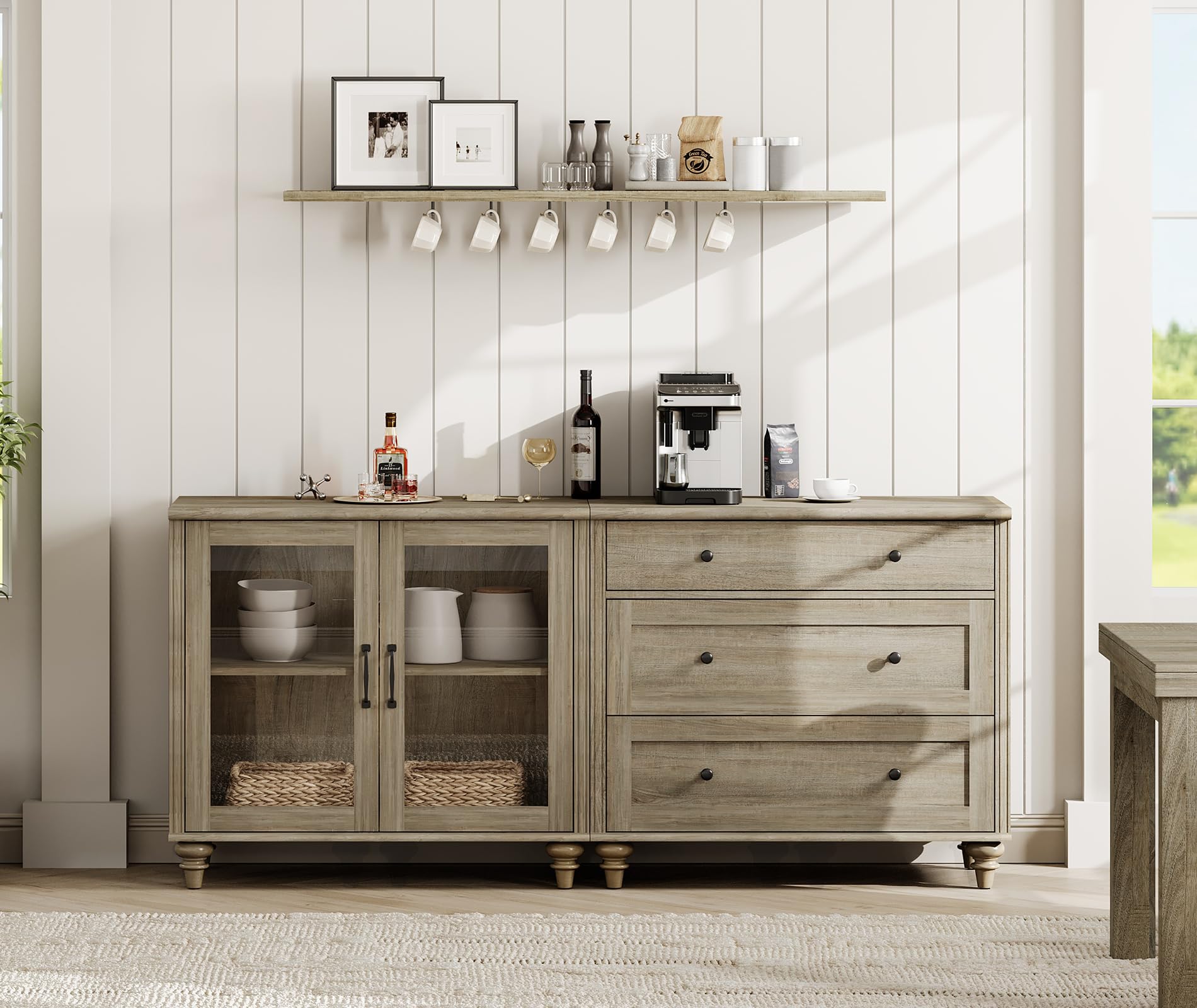 WAMPAT Sideboard Buffet Cabinets with Glass Door, 2-in-1 Kitchen Storage Cabinets, Wood Coffee Bar Tables with Adjustable Shelf & 3 Drawers for Dining Room, Living Room, Wash Grey