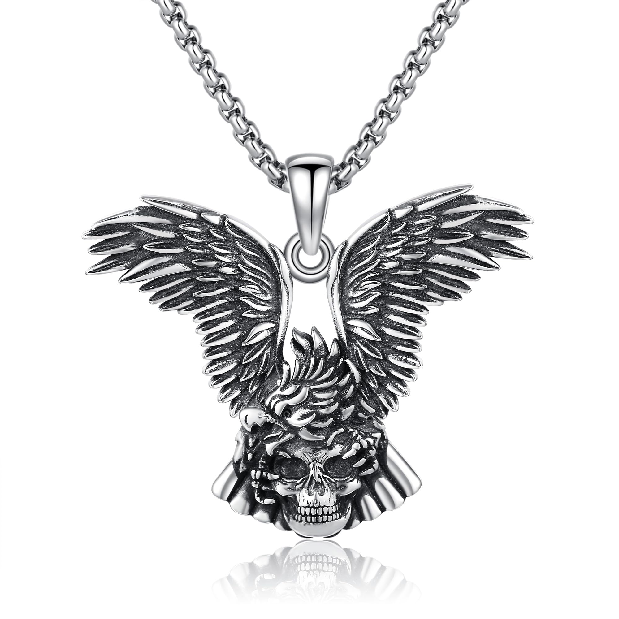 URONE Eagle Necklace Sterling Silver Eagle Skull Pendant Necklace Viking Jewelry Gifts for Men