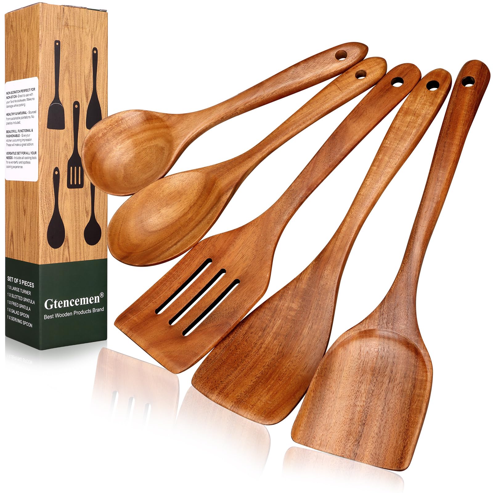 Küchenutensilien-Set aus Holz, 5-teilig, Teakholz, kratzfeste und ungiftige Kochutensilien mit Pfannenwender, Schlitzspatel, abgewinkeltem Spatel, Servierlöffel, Salatlöffel