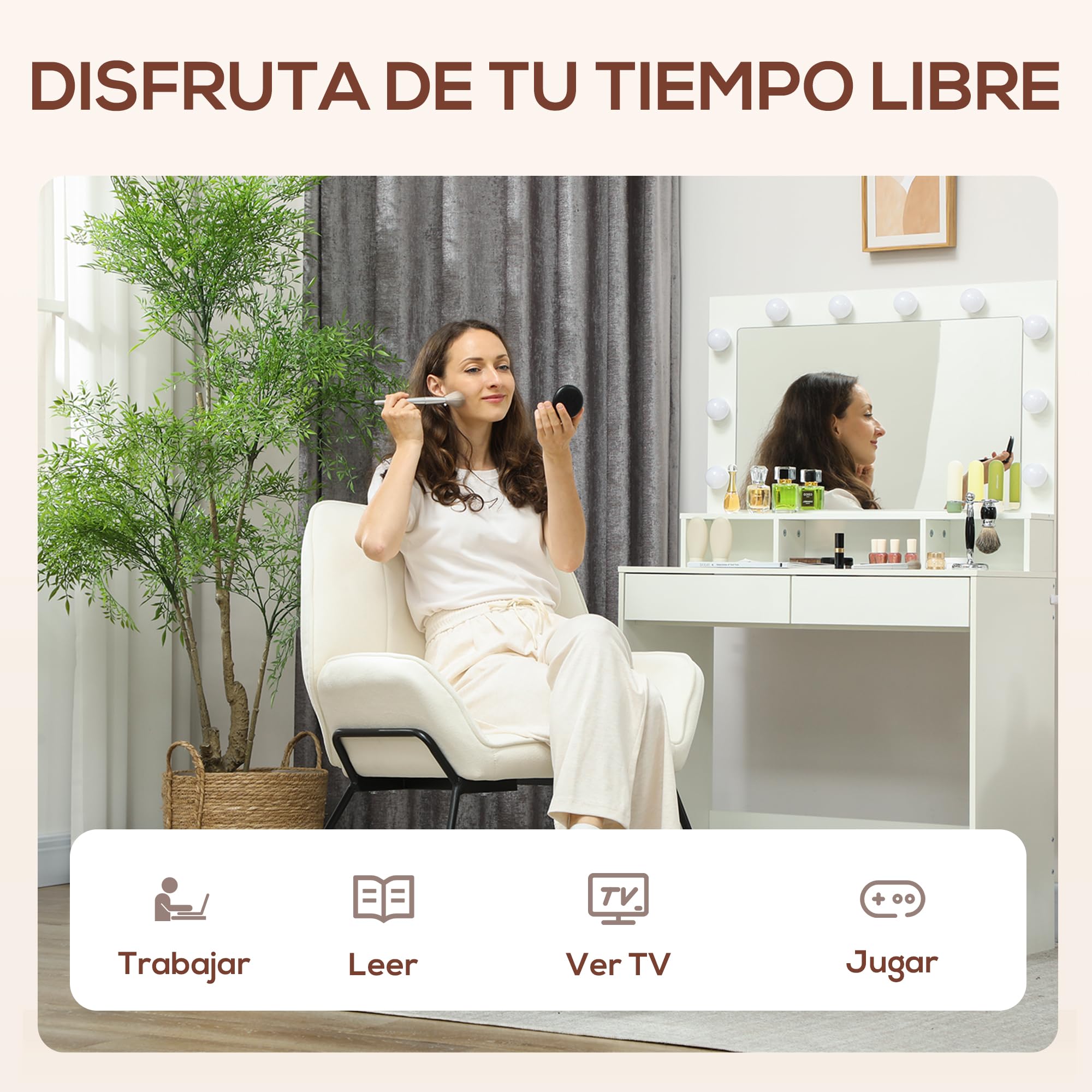 HOMCOM Butaca de Salón Moderna Sillón Lectura con Asiento Ancho de 46 cm y Acolchado Tapizado en Terciopelo Patas de Metal Silla Tocador para Salón Sala de Estar Dormitorio Crema
