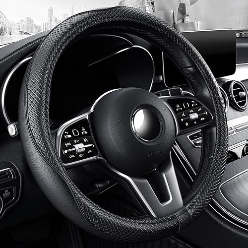 Miniatura 2 de GXT Funda universal para volante de automóvil, de piel sintética, de 15 pulgadas, elegante, antideslizante, color negro con puntos blancos