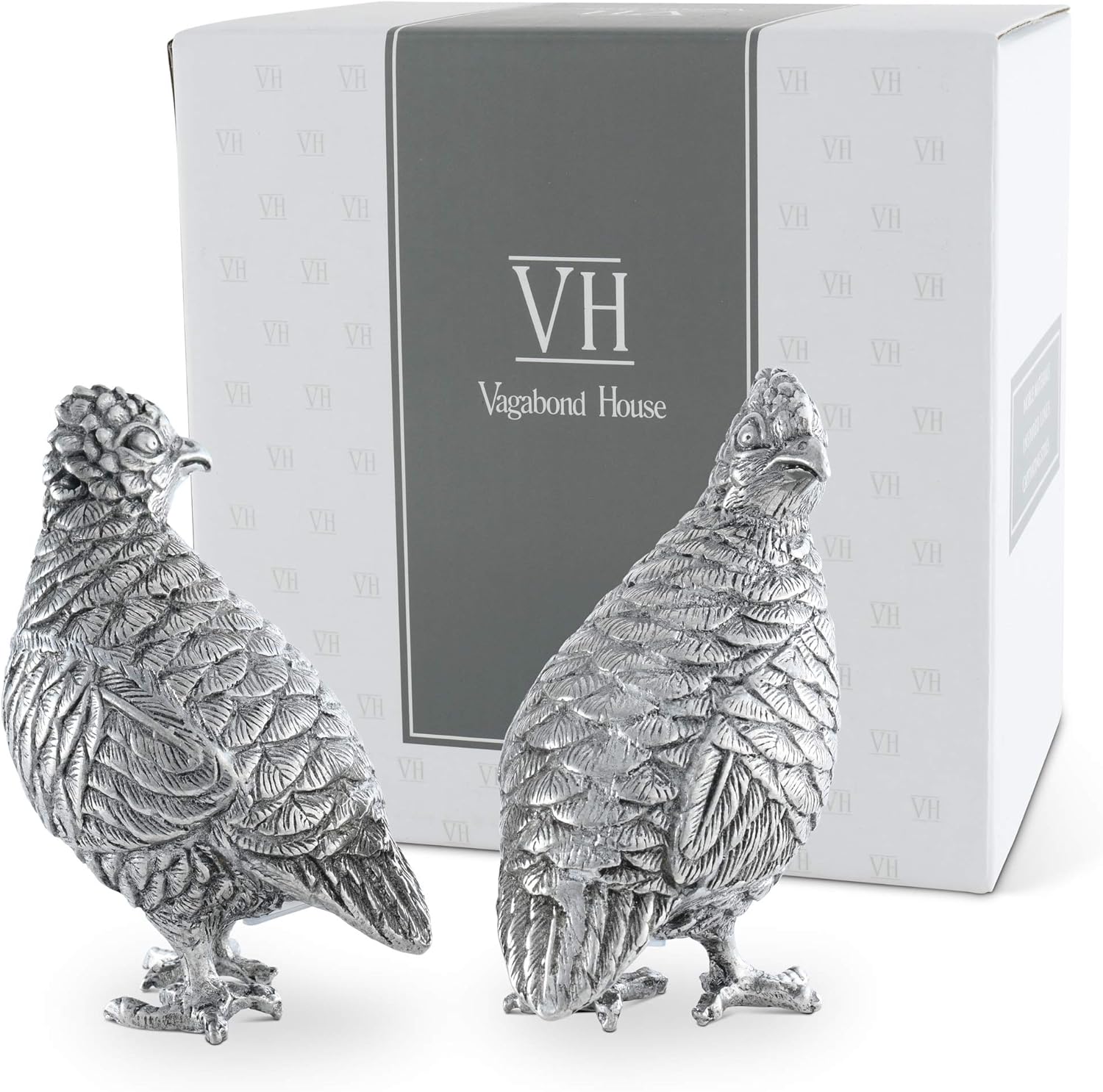 Vagabond House Pewter Metal Black Forest Nature Standing Quails Salt and Pepper Shaker Set 3.5 inch Tall