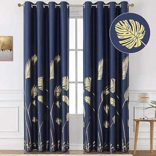 Miniatura 28 de BUHUA Cortinas de bloqueo de calor, cortinas opacas de 45 pulgadas de largo, 2 paneles burg, cortinas insonorizadas con estampado de hojas doradas