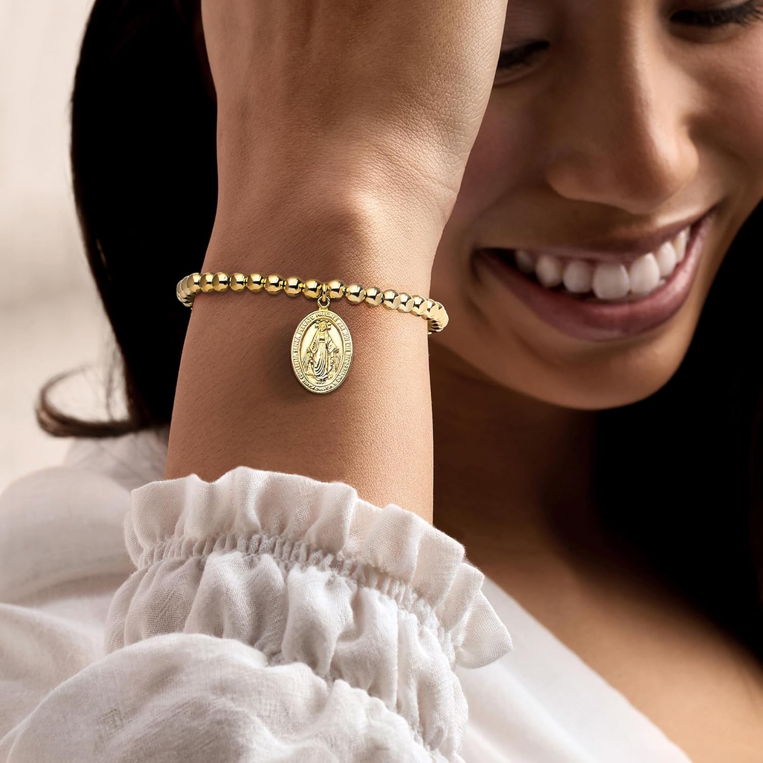 Ross-Simons Italian 18kt Gold Over Sterling Miraculous Medal Bead Stretch Bracelet - Image 2