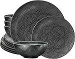 bzyoo 12 Piece Black Melamine Dinnerware Set - Durable, Dishwasher Safe Black Plates and Bowls - Ideals for Parties, Camping Dish Set La La Mandala
