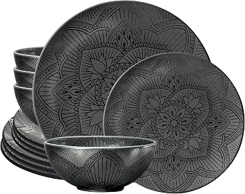 12 Piece Black Melamine Dinnerware Set - Durable, Dishwasher Safe Black Plates and Bowls - Ideals for Parties, Camping Dish Set La La Mandala