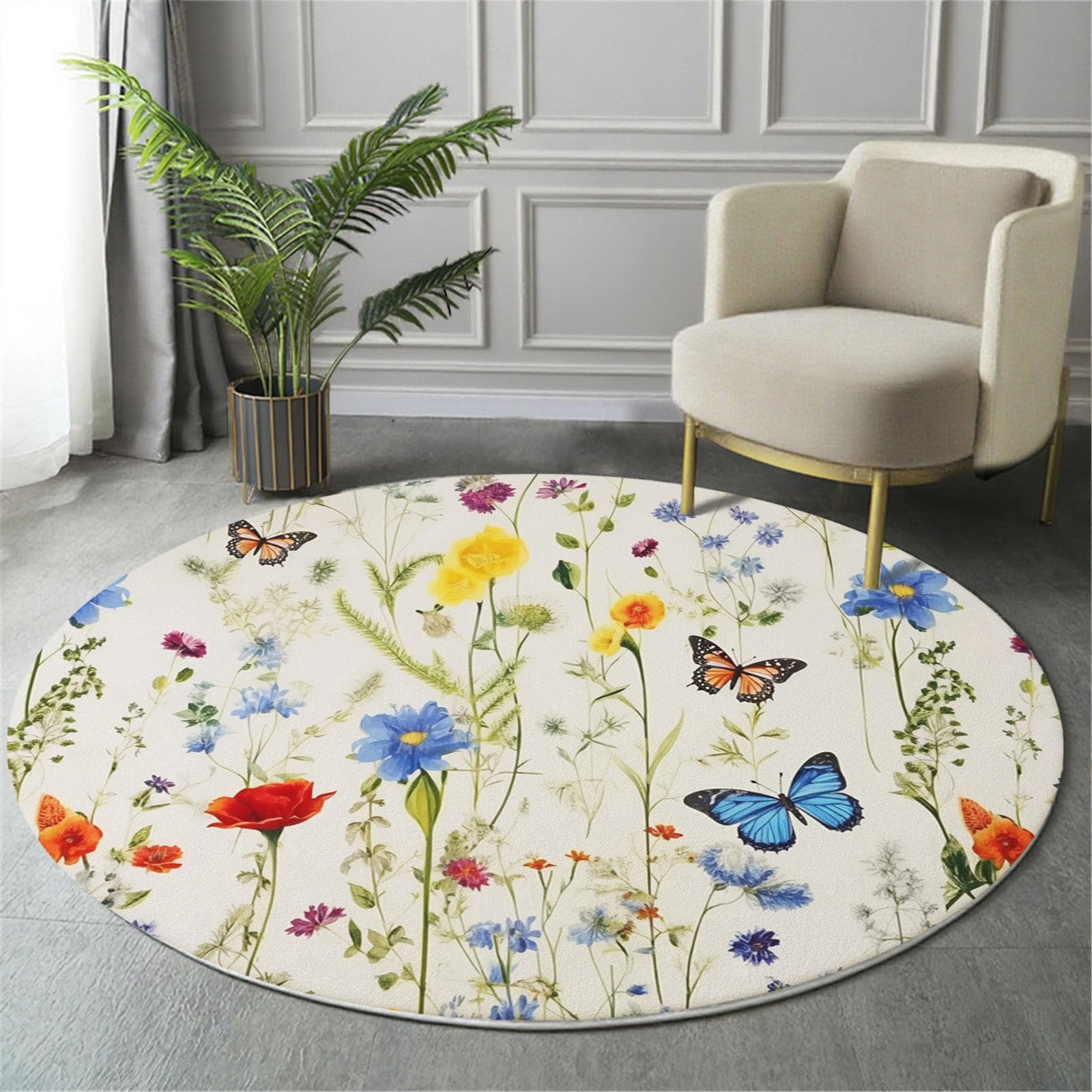 Tapis chambre adulte lavable rond 160cm vert deco fleurs et papillons