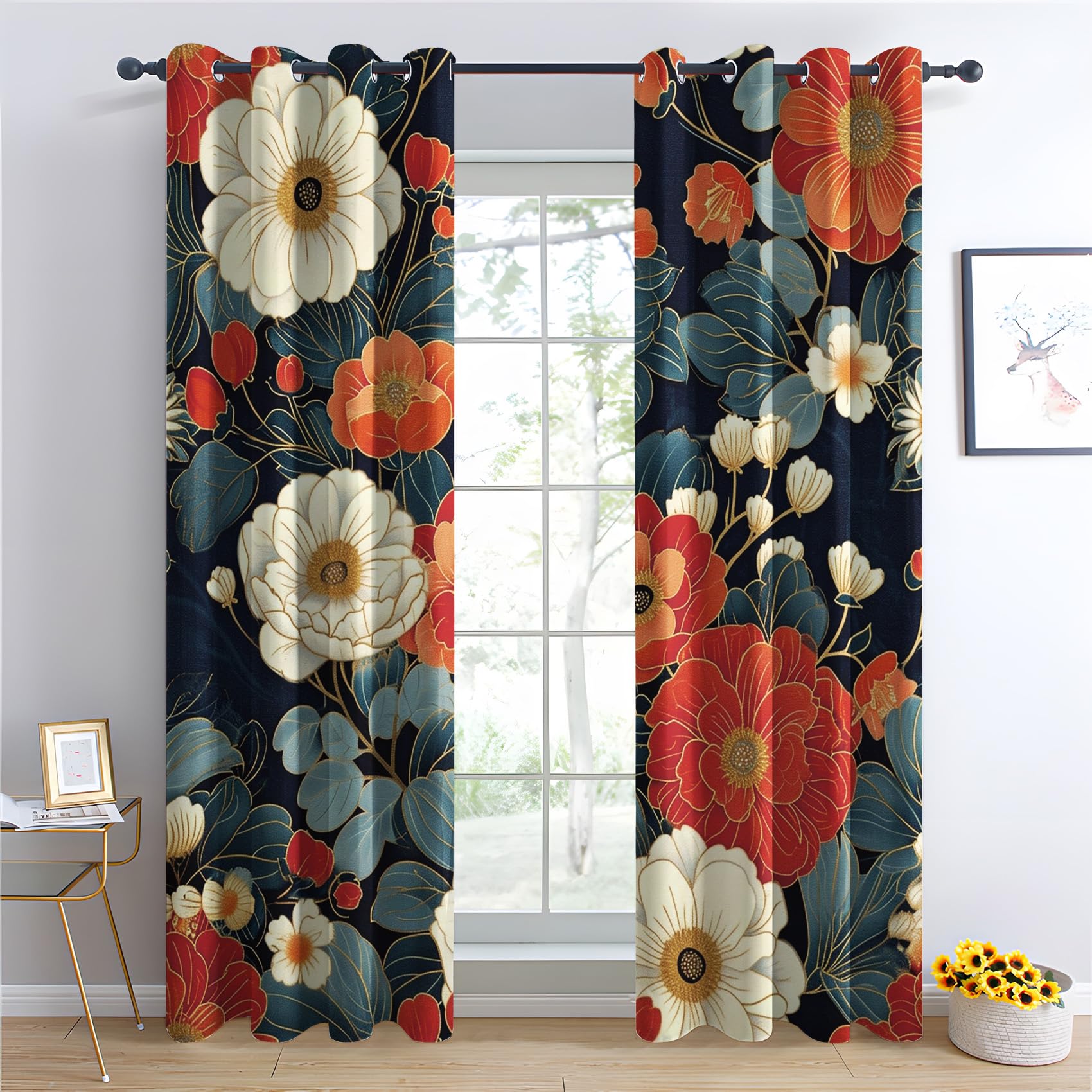 Rideau Occultant Bohème Floral, Fleur Bohème Motif Rideaux Thermiques à Oeillets, Rideaux Imprimé pour Salon Chambre Fenetre Moderne Décoration, 140x240 cm (L x H), Lot de 2