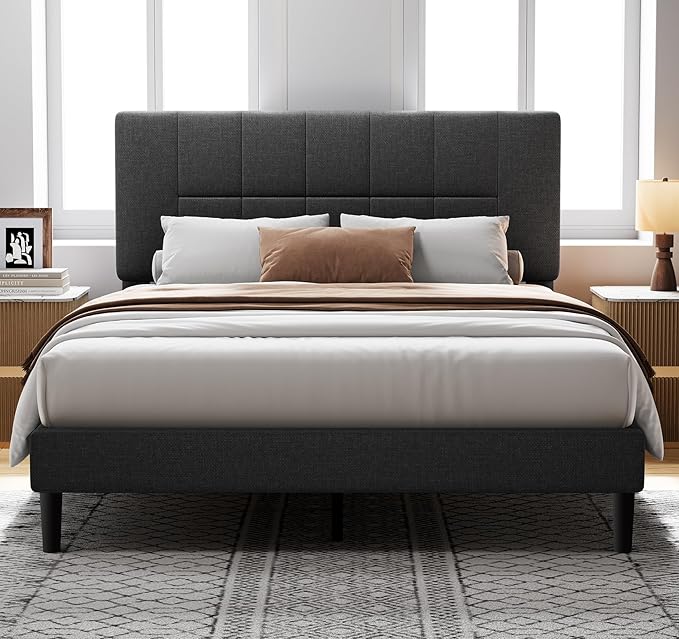 Pipishell Queen Bed Frame with 12 Thickened Legs&Fabric Upholstered Headboard,1300 lbs Strong Weight Capacity, Adjustable Headboard, No Box Spring Needed, Easy Assembly, Underbed Storage(Solid Wooden)