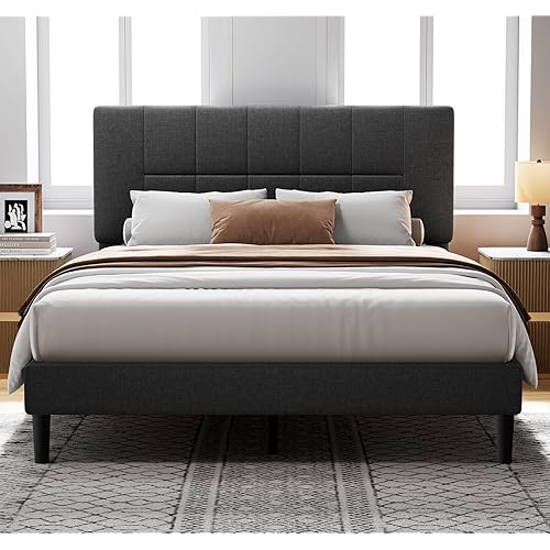Pipishell Queen Bed Frame with 12 Thickened Legs&Fabric Upholstered Headboard,1300 lbs Strong Weight Capacity, Adjustable Headboard, No Box Spring Needed, Easy Assembly, Underbed Storage（Solid Wooden）
