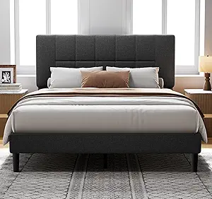 Pipishell Queen Bed Frame with 12 Thickened Legs&Fabric Upholstered Headboard,1300 lbs Strong Weight Capacity, Adjustable Headboard, No Box Spring Needed, Easy Assembly, Underbed Storage(Solid Wooden)