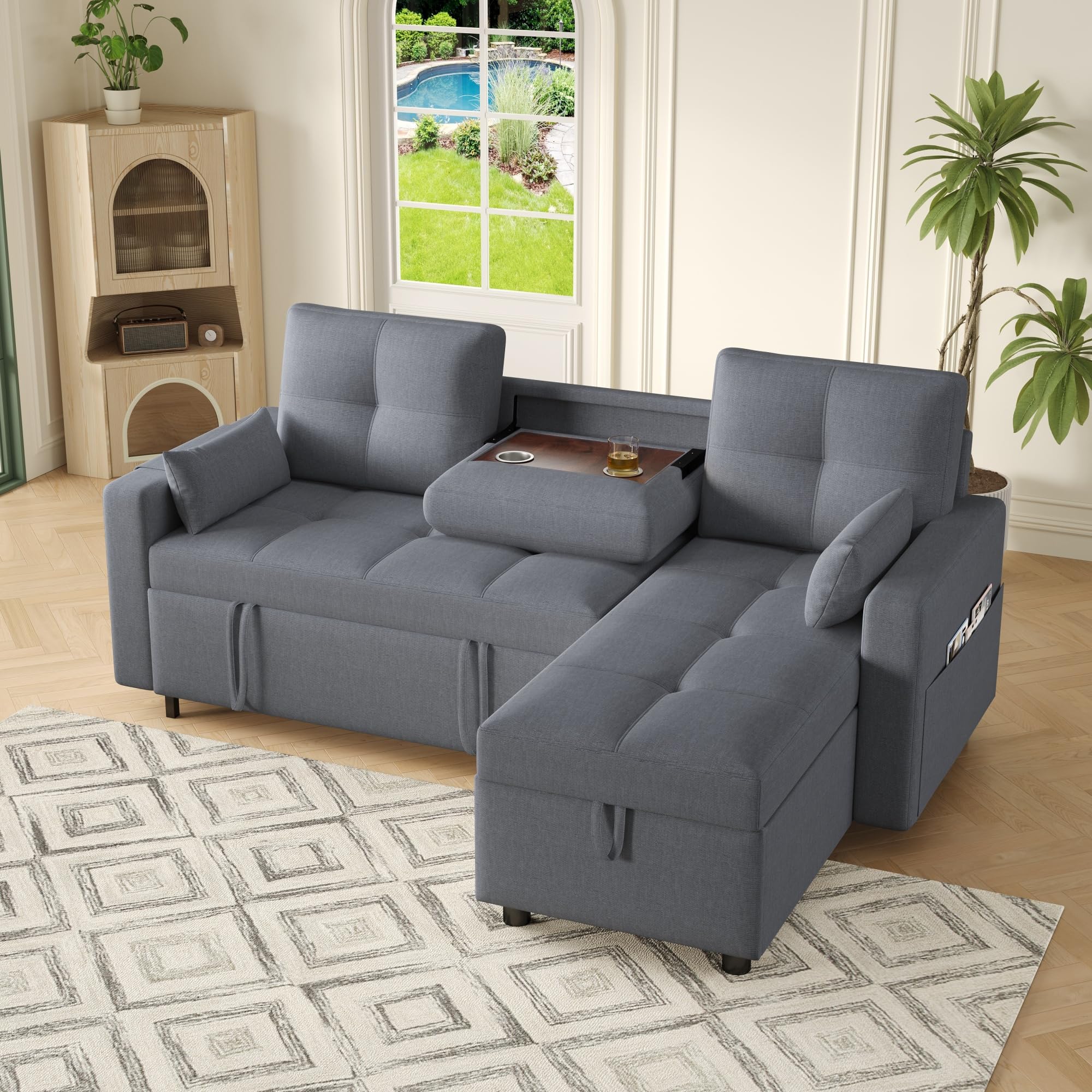 Divano angolare a L con funzione letto,Divano a 3 posti con letto estraibile e portabicchieri pieghevole,divano trasformabile con vano contenitore,tessuto di lino,per soggiorno,Grigio